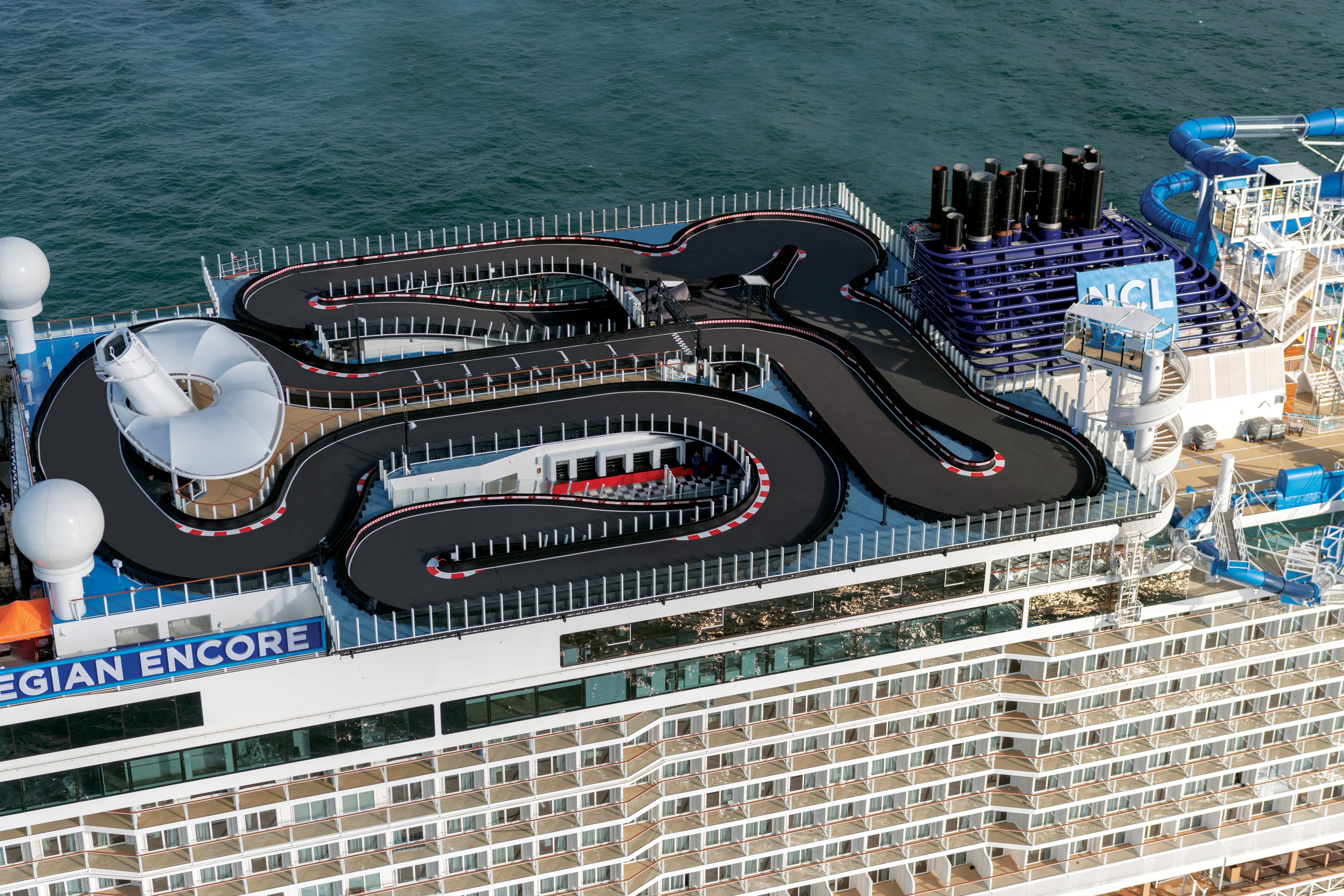 Norwegian Cruise Line's Norwegian Encore has a race track on the top deck, and many other activities for children of all ages