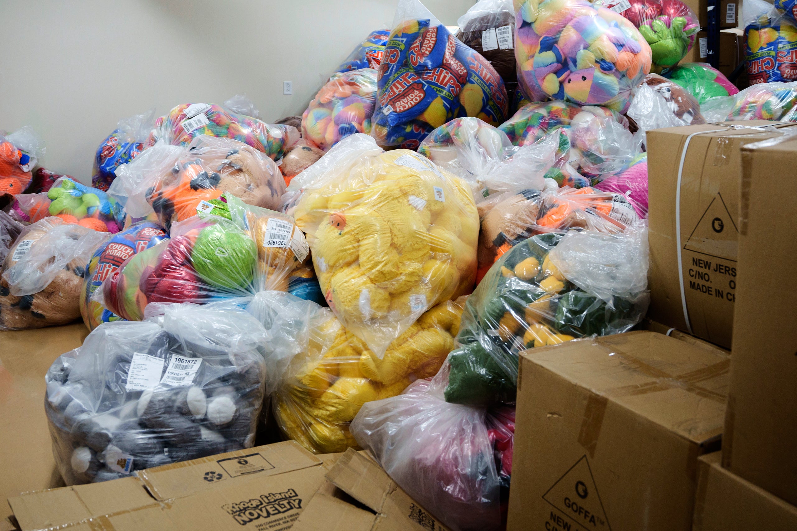 Bags of toy prizes at the Playland's Castaway Cove amusement park storage facility, in Ocean City, N.J