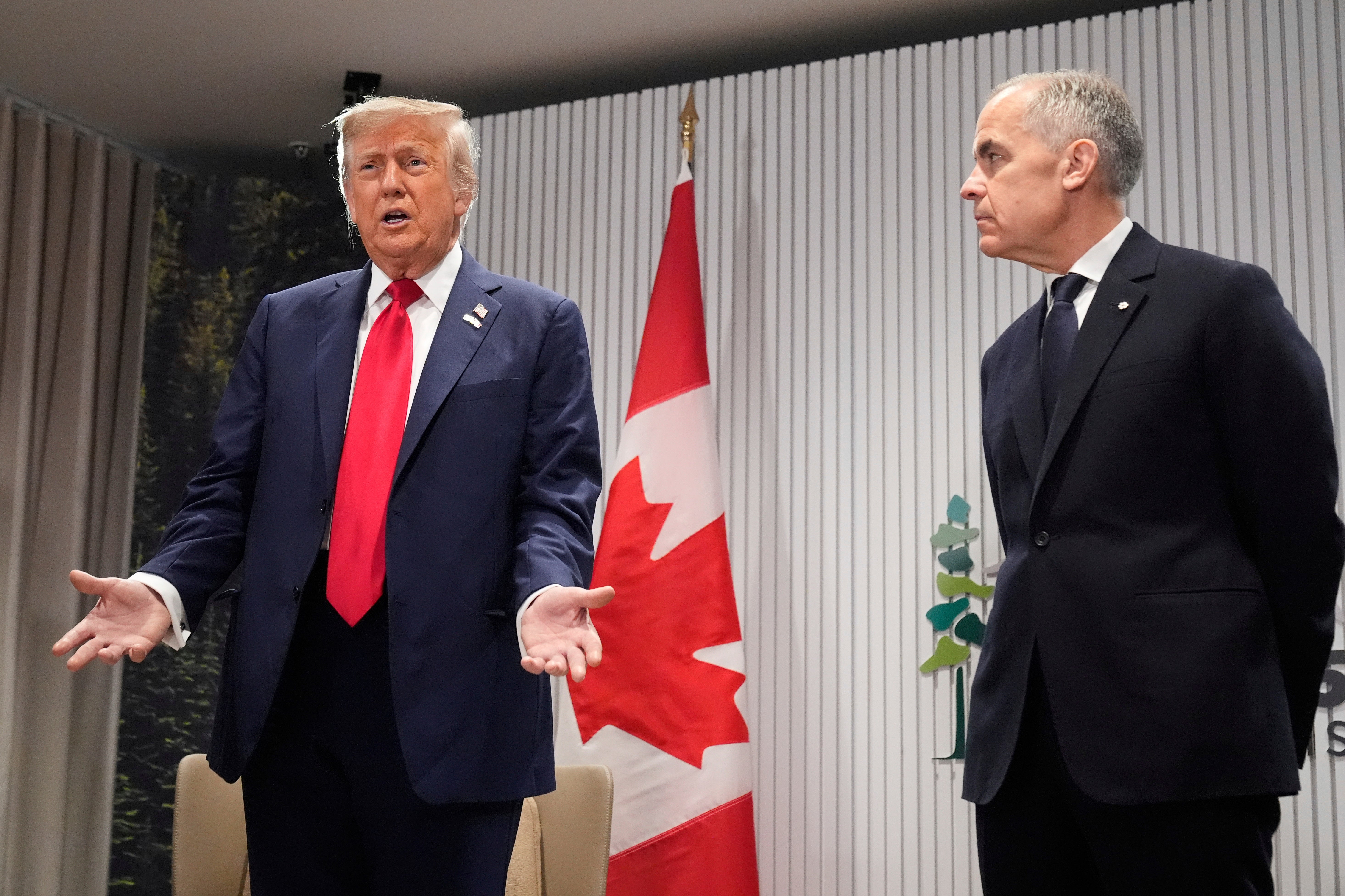 President Donald Trump speaks during a meeting with Canada's Prime Minister Mark Carney on the sidelines of the G7 Summit, Monday, June 16, 2025, in Kananaskis, Canada. (AP Photo/Mark Schiefelbein)