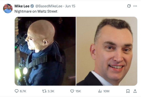 Screenshot of Lee's tweet suggesting that Gov. Tim Walz could be to blame for the targeted attack on Minnesota Democrats.