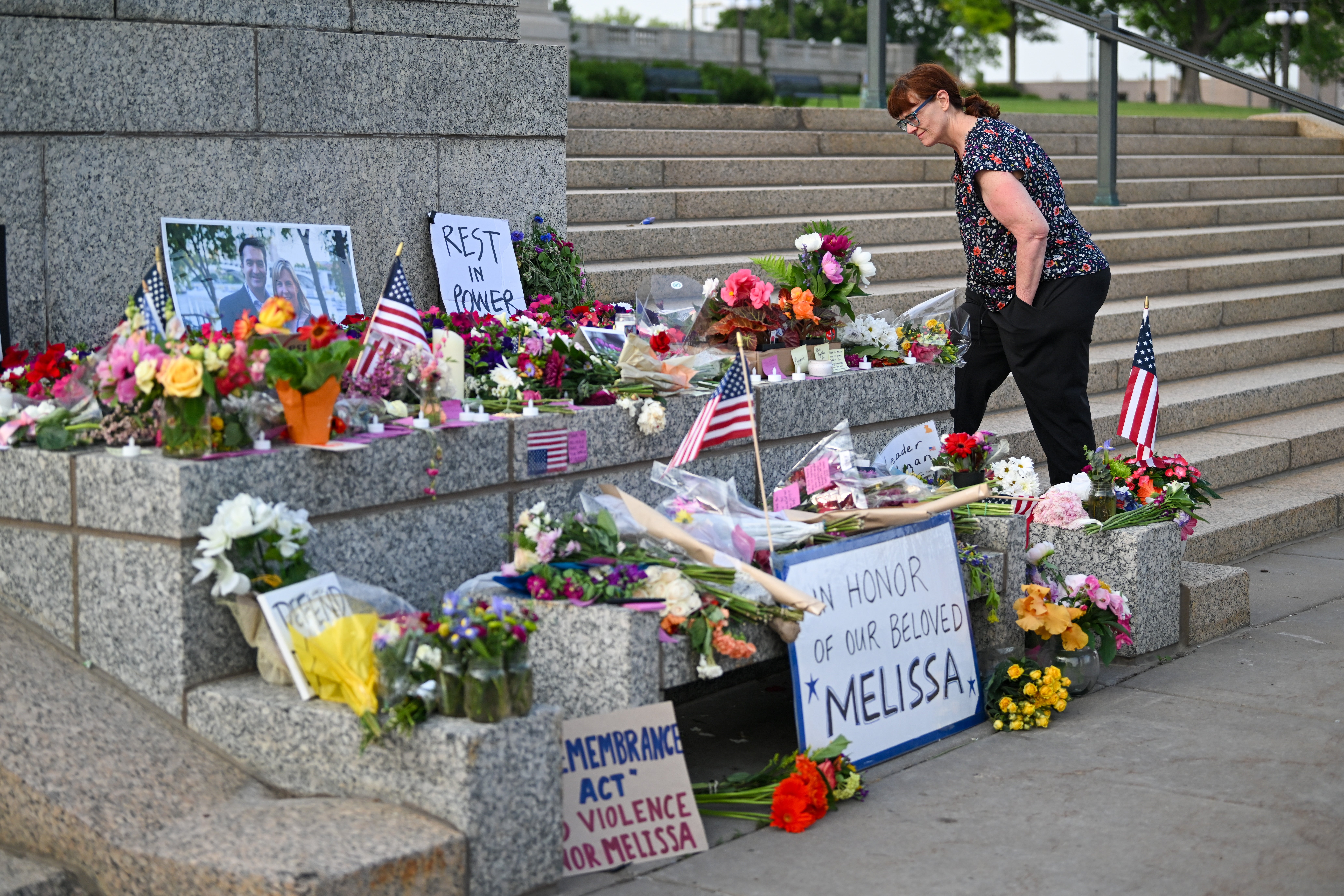 The steps of the Minnesota Capital are covered in memorials for state Rep. Melissa Hortman and her husband, Mark, who were fatally shot by a suspect who impersonated a police officer before opening fire in their home