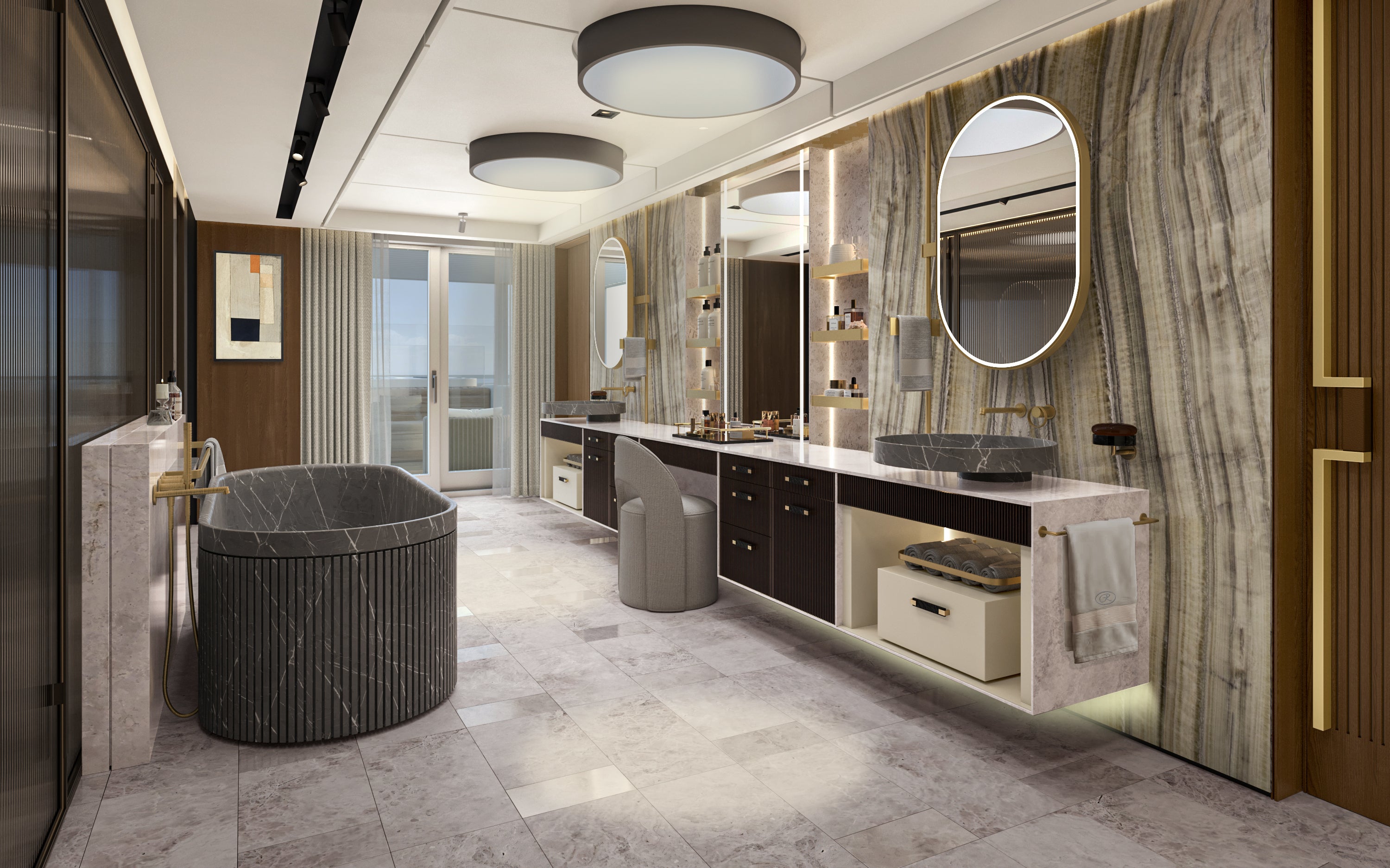 Passengers benefit from a large bathroom in the Skyview Regent Suite