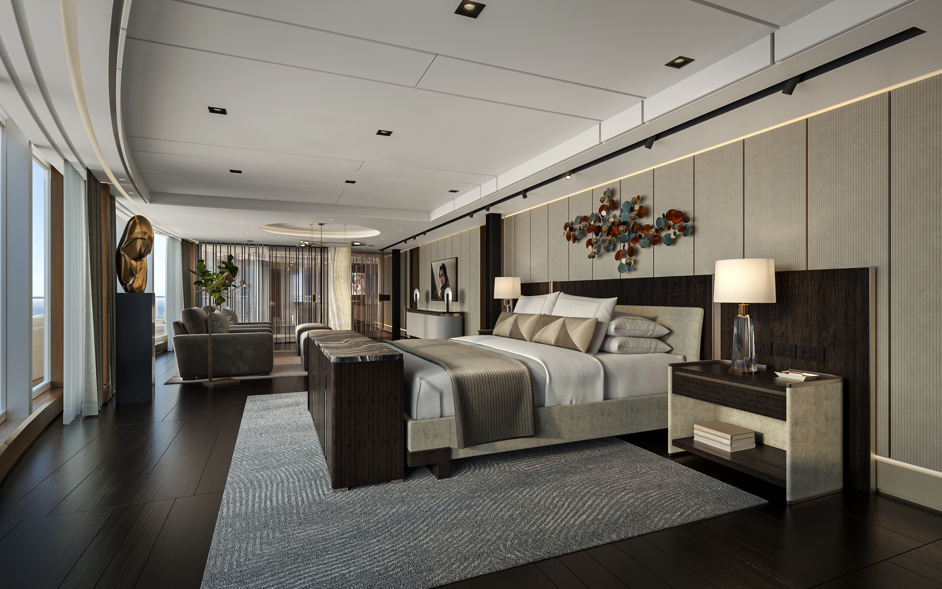 The master bedroom in the SkyView Regent Suite has sweeping sea views