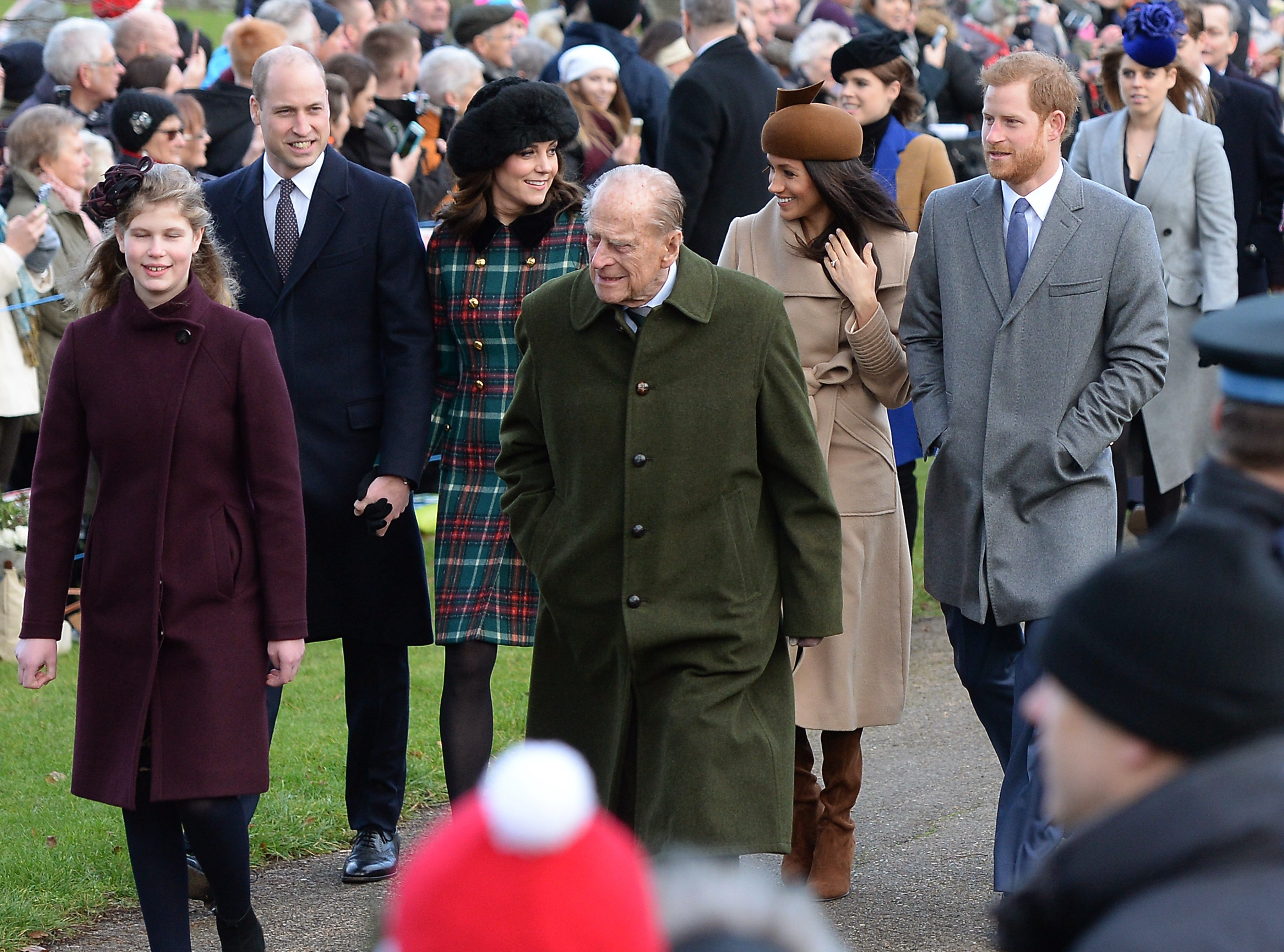 Meghan and Harry with the royal family on Christmas Day at Sandringham in 2017 (Joe Giddens/PA)