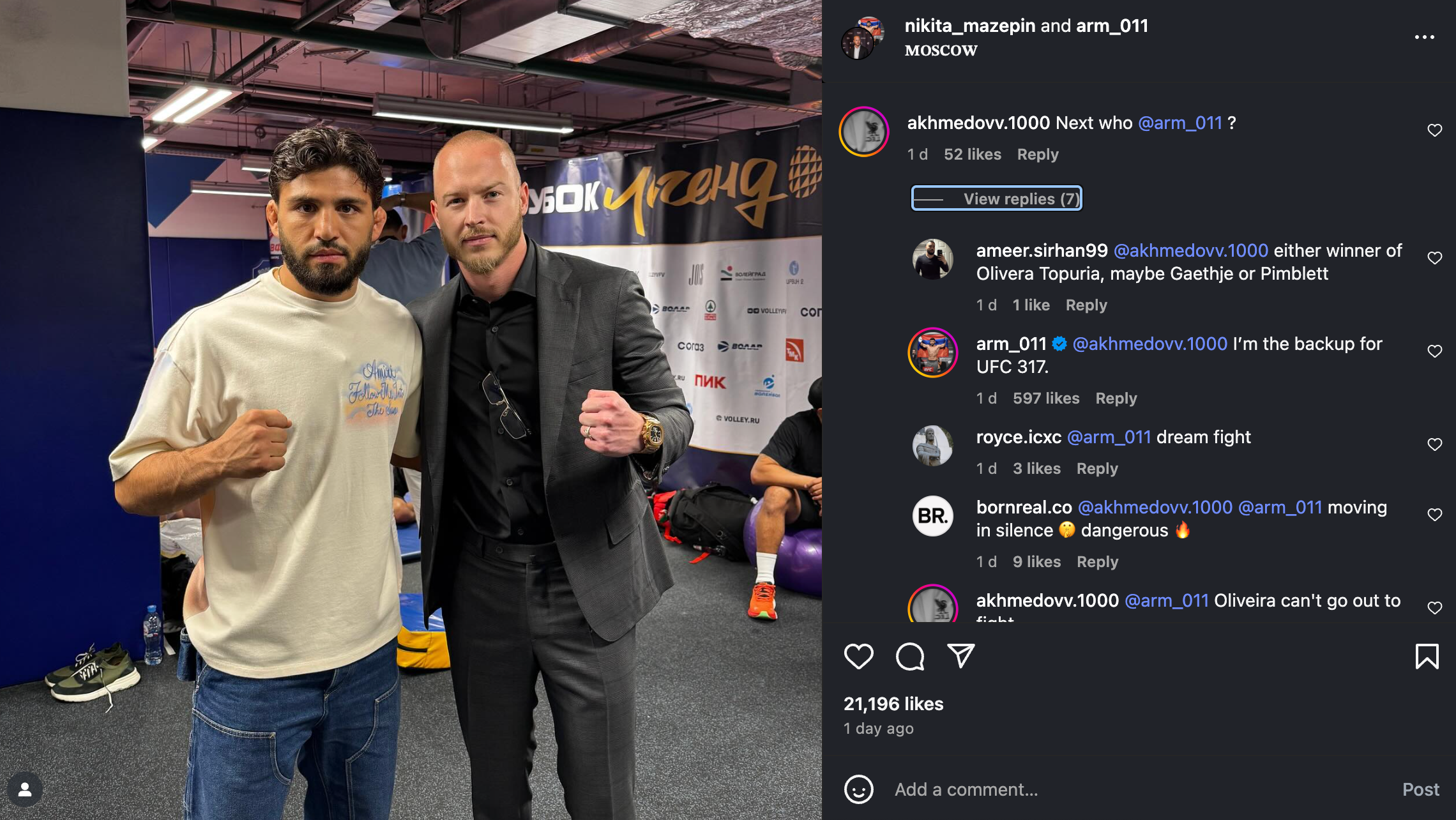 Arman Tsarukyan telling a commenter on Instagram that he will serve as the UFC 317 main-event back-up fighter