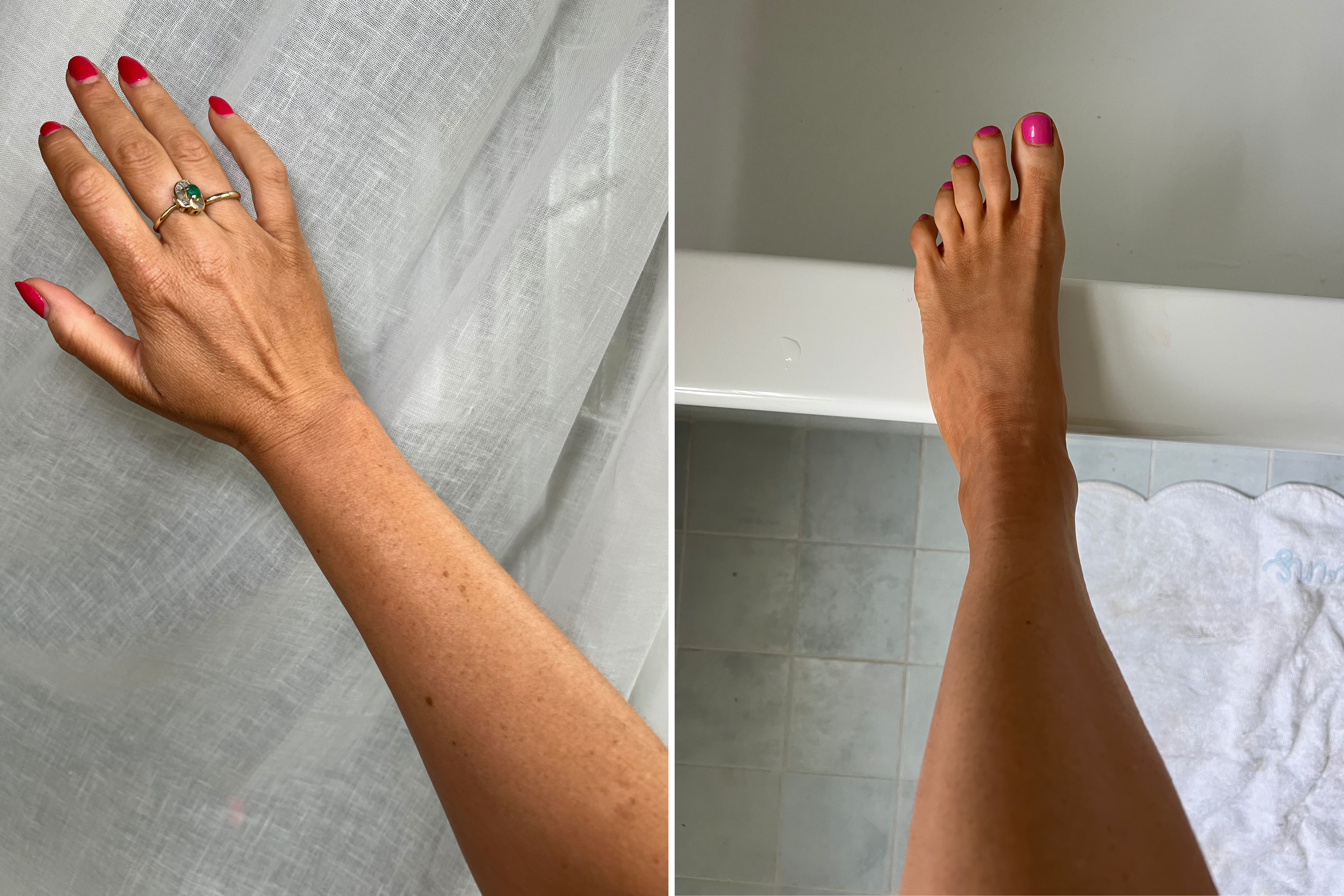 The results after applying Banana Boat (left) and Sally Hansen (right) self-tanners