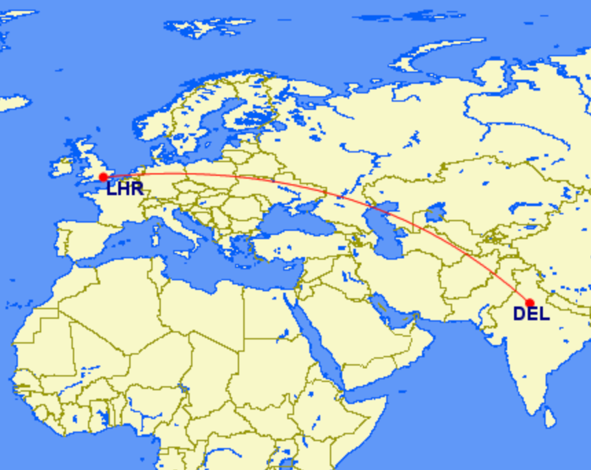 Direct path: The straight line between London Heathrow (LHR) and Delhi (DEL)