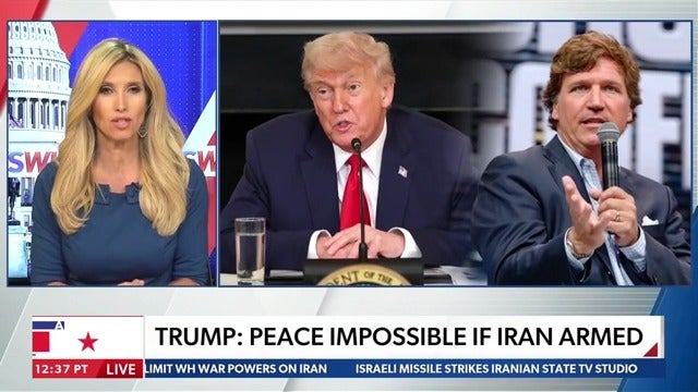 Newsmax anchor Bianca de la Garza claims that Carlson is jsut trying ‘to stay relevant’ by criticizing Trump on Iran, adding that the president is "no warmonger."