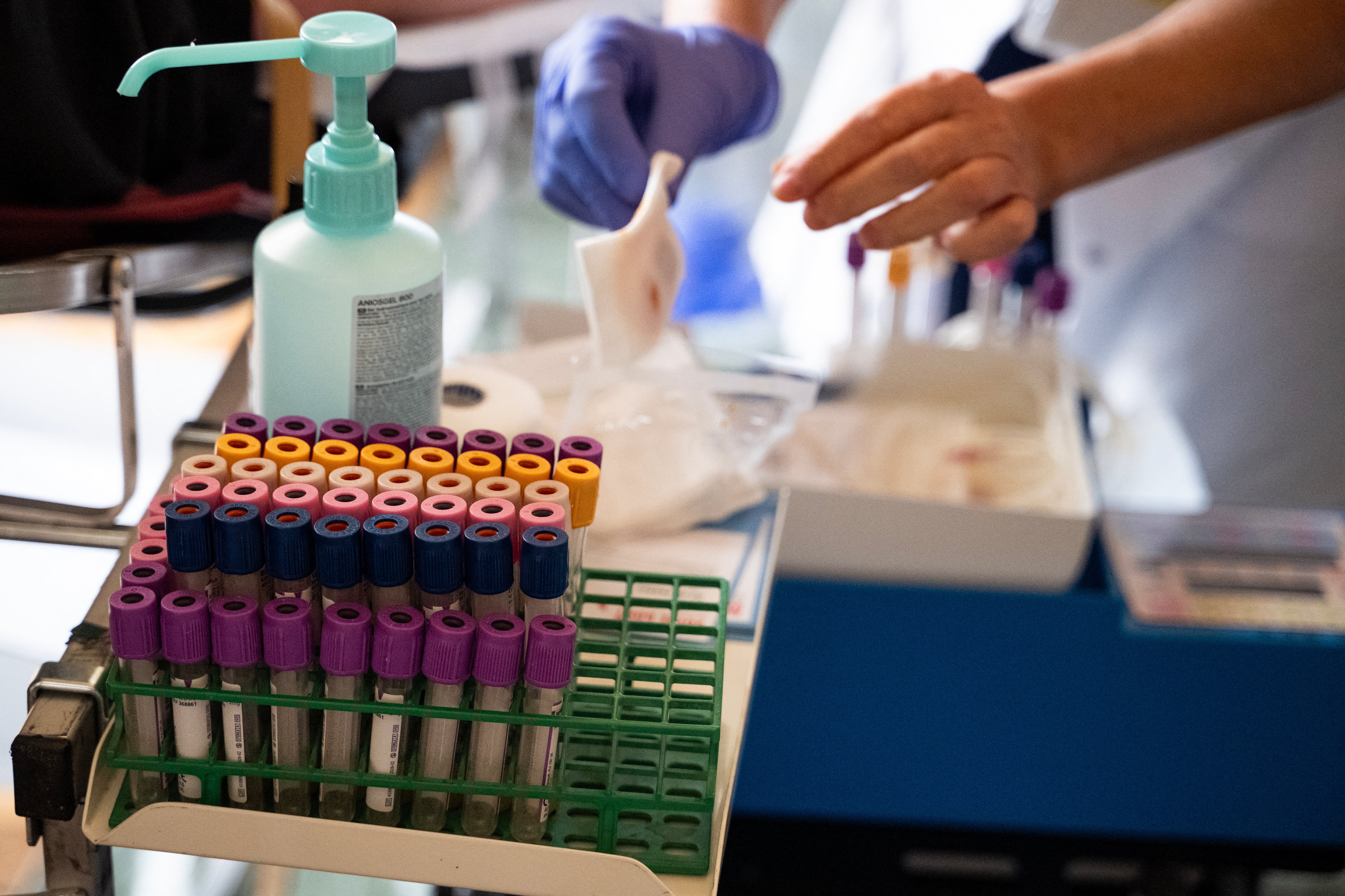Photograph shows blood collection tubes during a blood donation