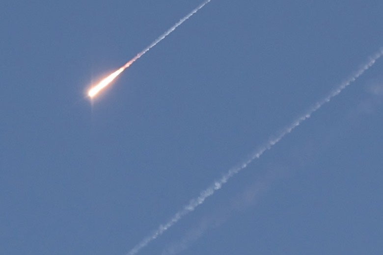 A projectile crosses the sky above Jerusalem