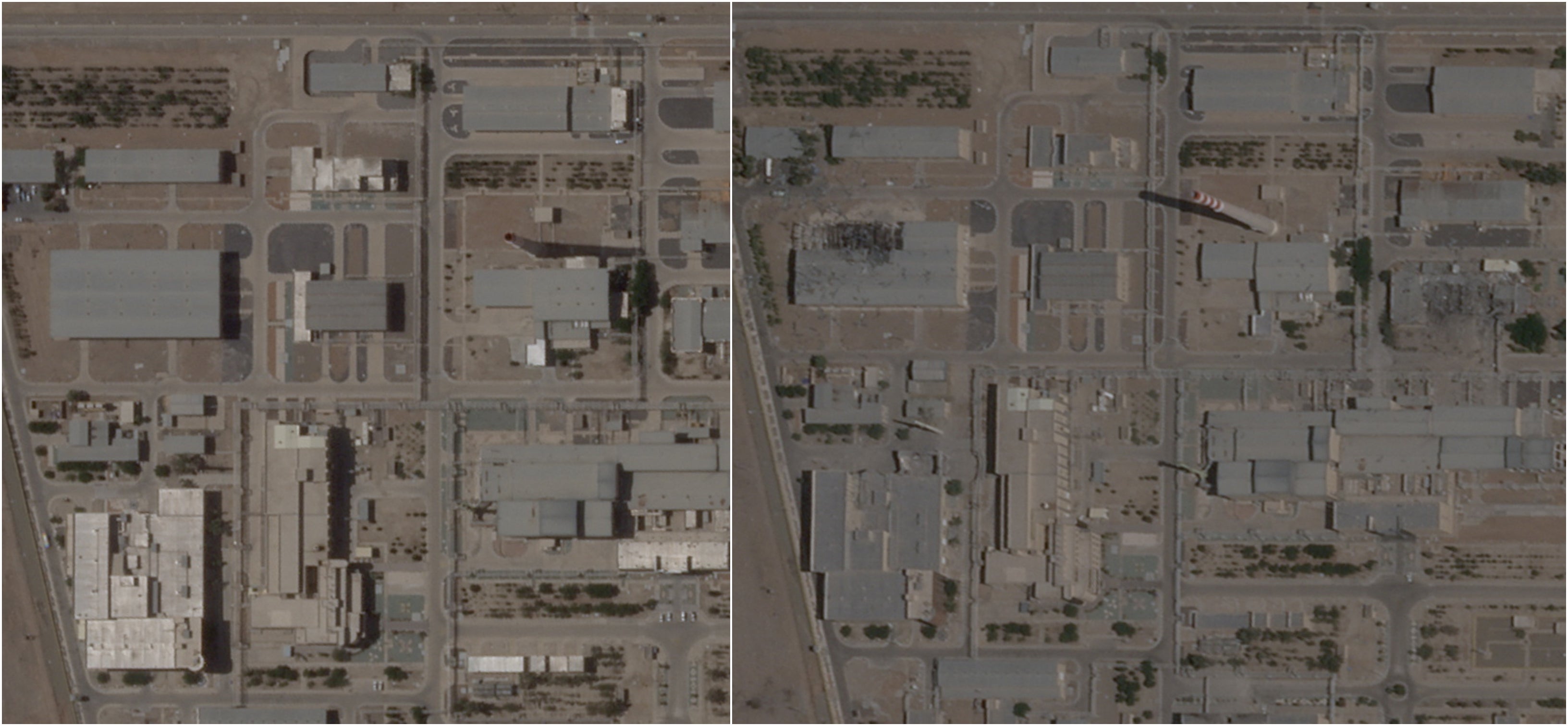 (L) Isfahan Nuclear Technology Center before the Israeli airstrikes and the facility adter the Israeli strikes