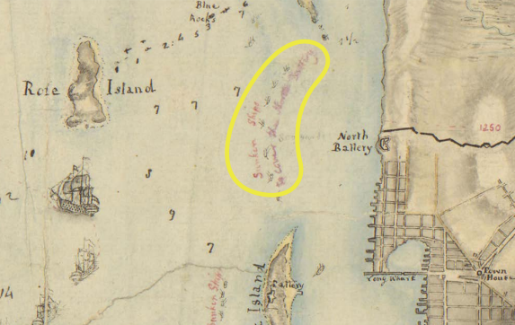 Edward Fage, [Newport and its environs, ca. 1778], William L. Clements Library, University of Michigan, 8380. Note ‘Sunken Ships’ indicated due west of North Battery (circled)
