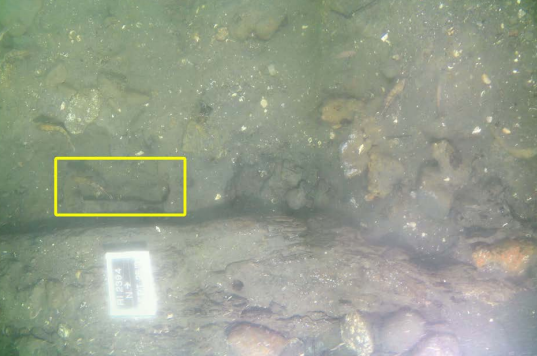 Mosaic showing frame and scuttling hole beneath letter board, north is at bottom of image (John D. Broadwater)