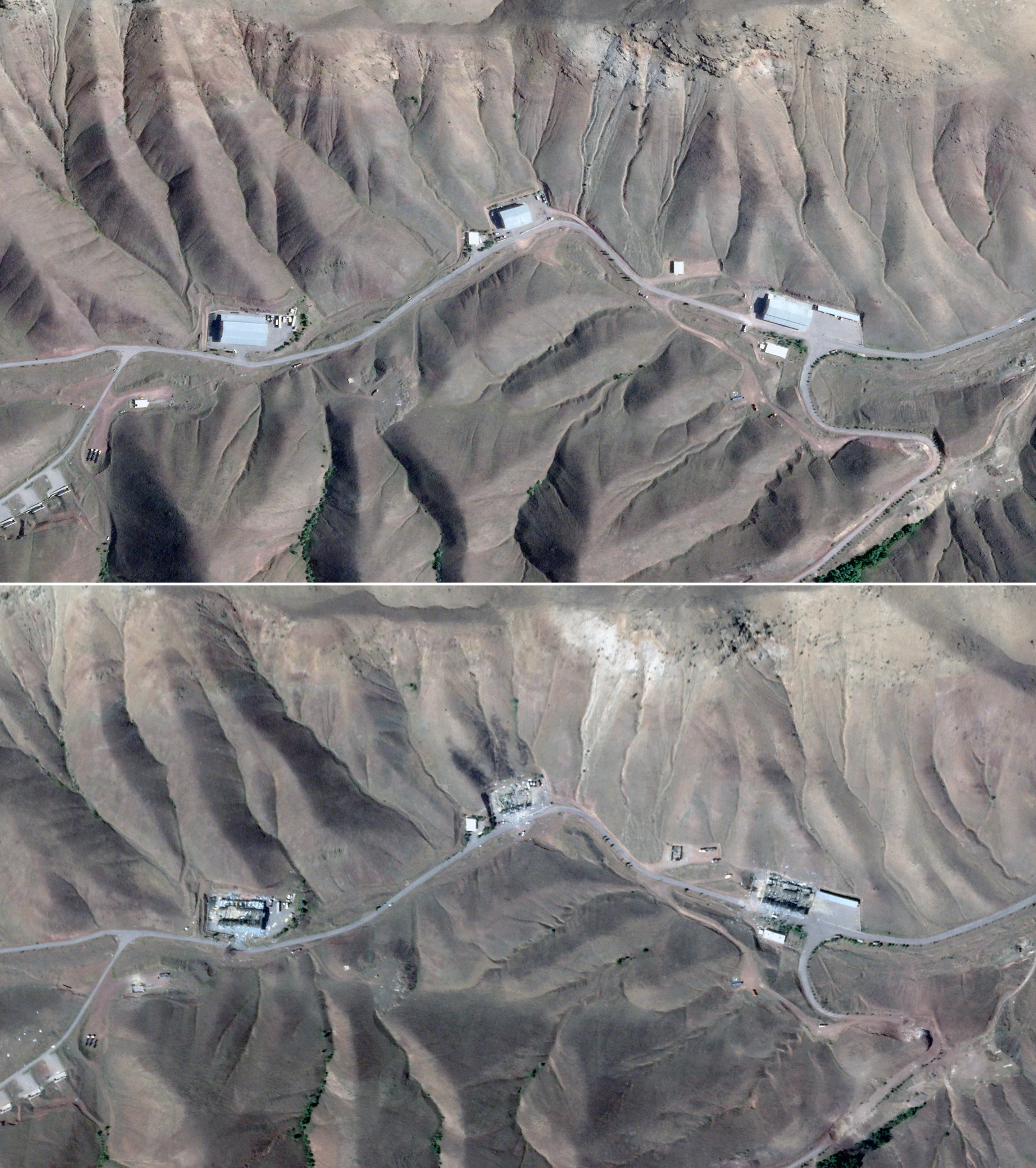 Tabriz north missile base checkout buildings in Tabriz on June 3, 2025 (top) and on June 16, 2025 (bottom) after they were hit by Israeli airstrikes