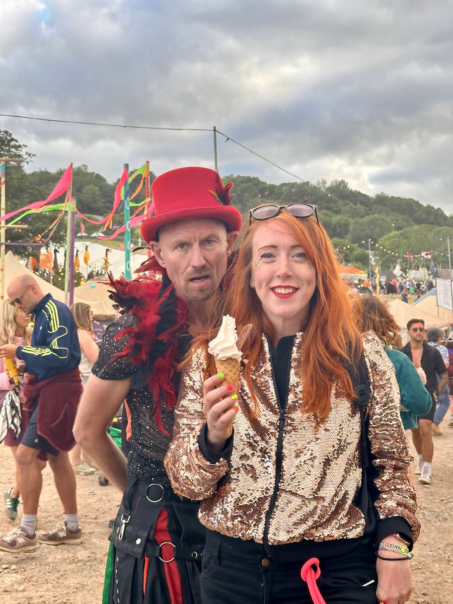 <p>Katharine enjoying an ice cream at Glastonbury 2024 (Katharine Hubbard/PA)</p>