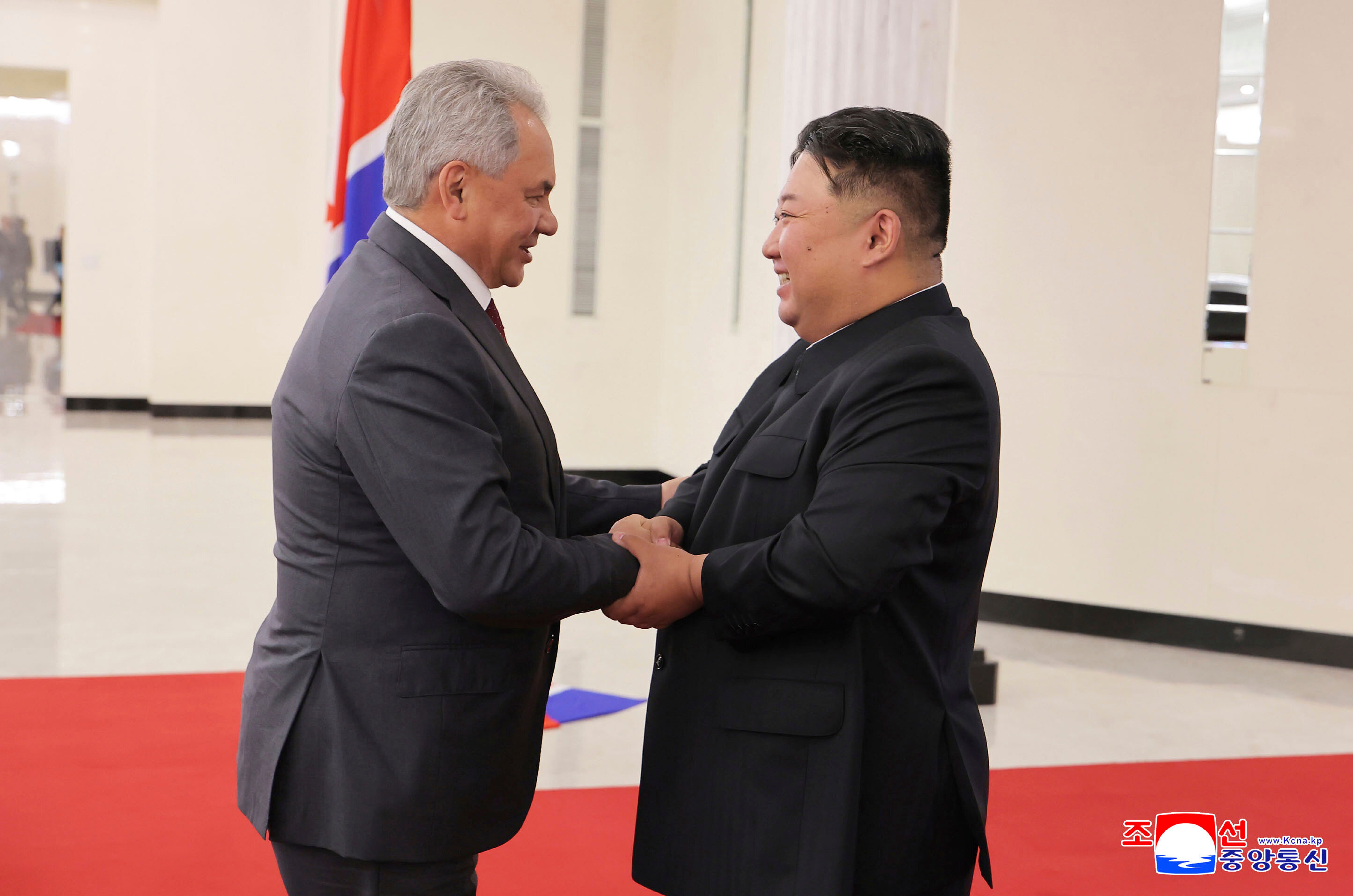 Kim Jong Un shakes hands with Sergei Shoigu at the headquarters of the ruling Workers' Party in Pyongyang