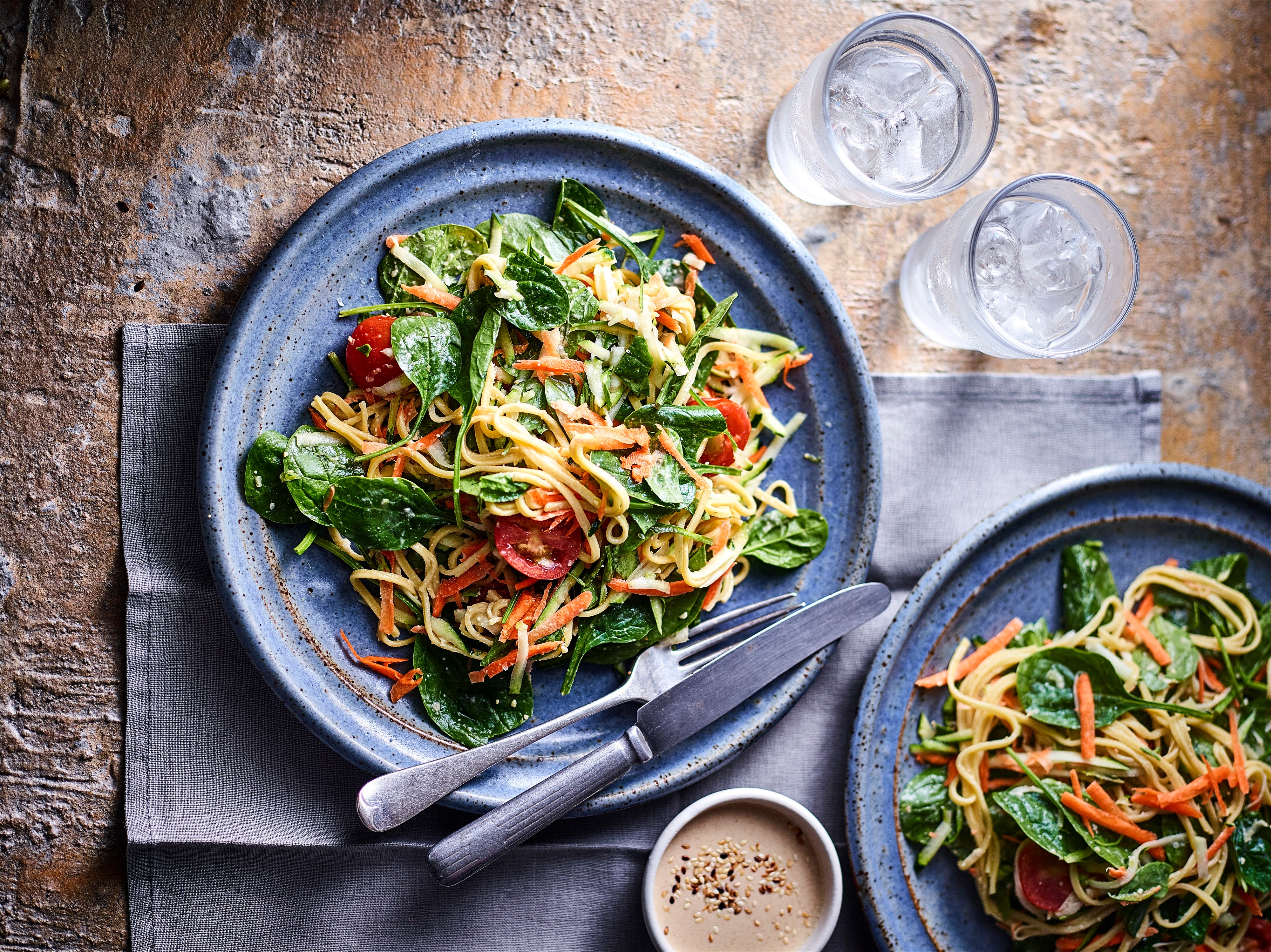 Proof that a bowl of noodles can feel light and bright – the hummus dressing brings it all together in minutes