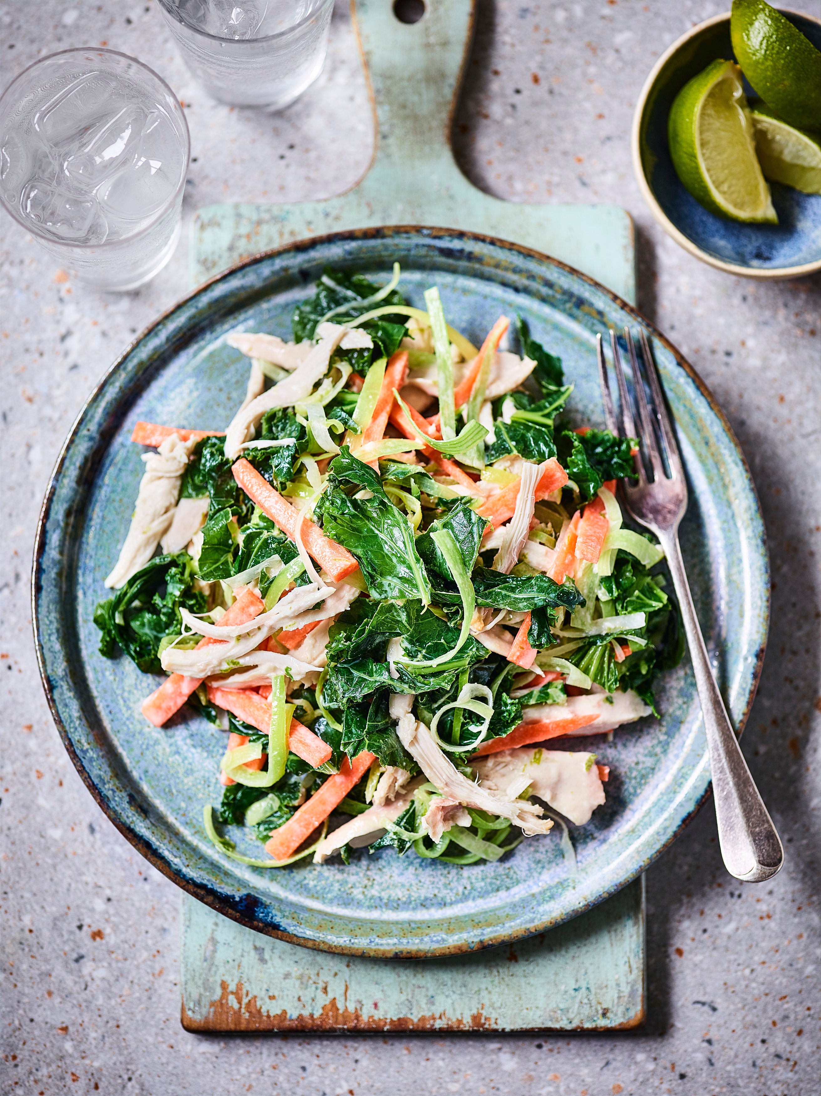 A crunchy, tangy salad with a nod to Thai flavours – and a clever way to use up leftover roast chicken