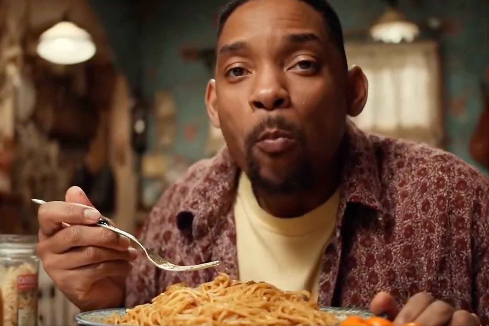 The evolution of AI: Will Smith eating spaghetti, showcasing the rapid advancement in generative AI technology.