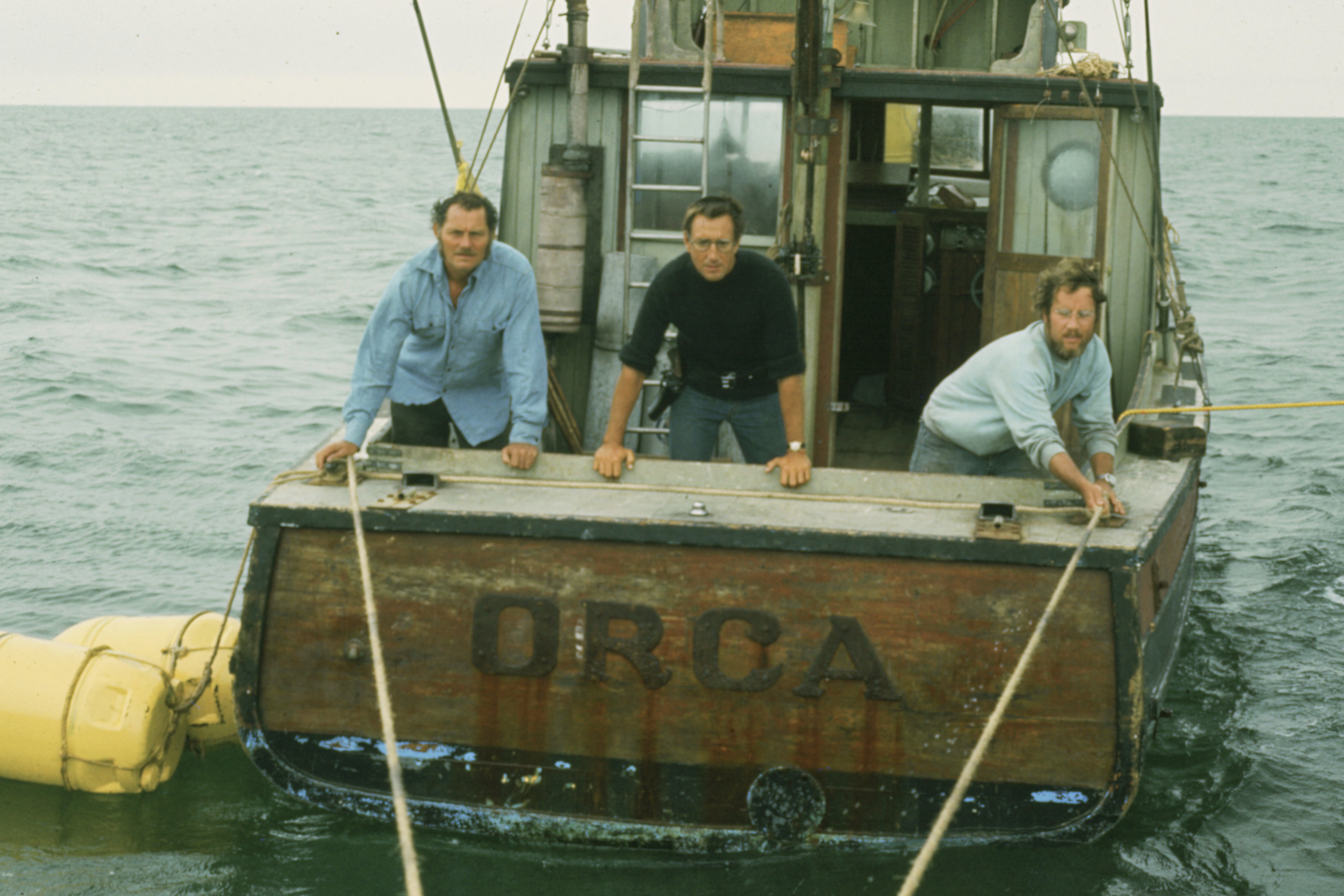 Dreyfuss (r) with Roy Scheider (c) and Robert Shaw in scene from the 50-year-old movie that’s considered among the best films ever made.