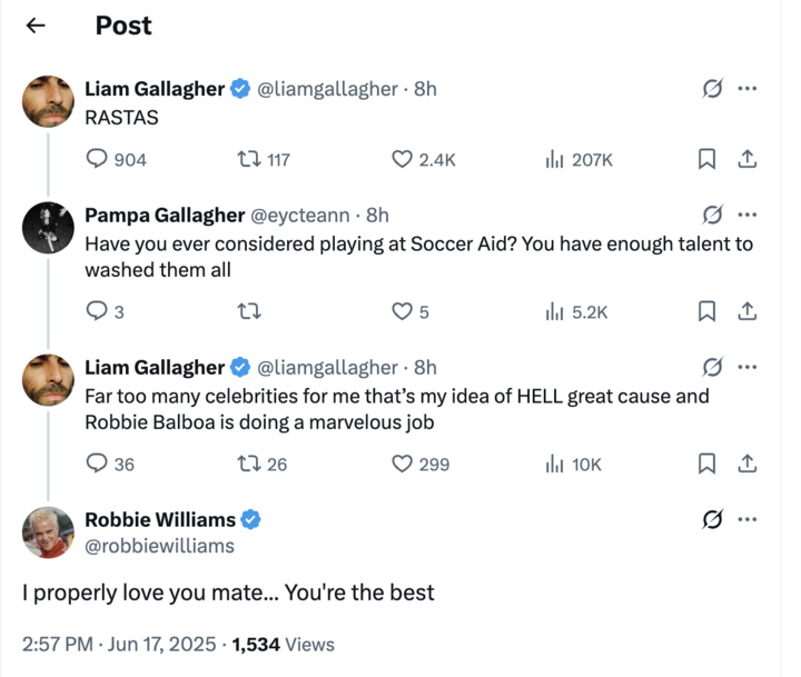 Robbie Williams tells Liam Gallagher 'I properly love you mate'