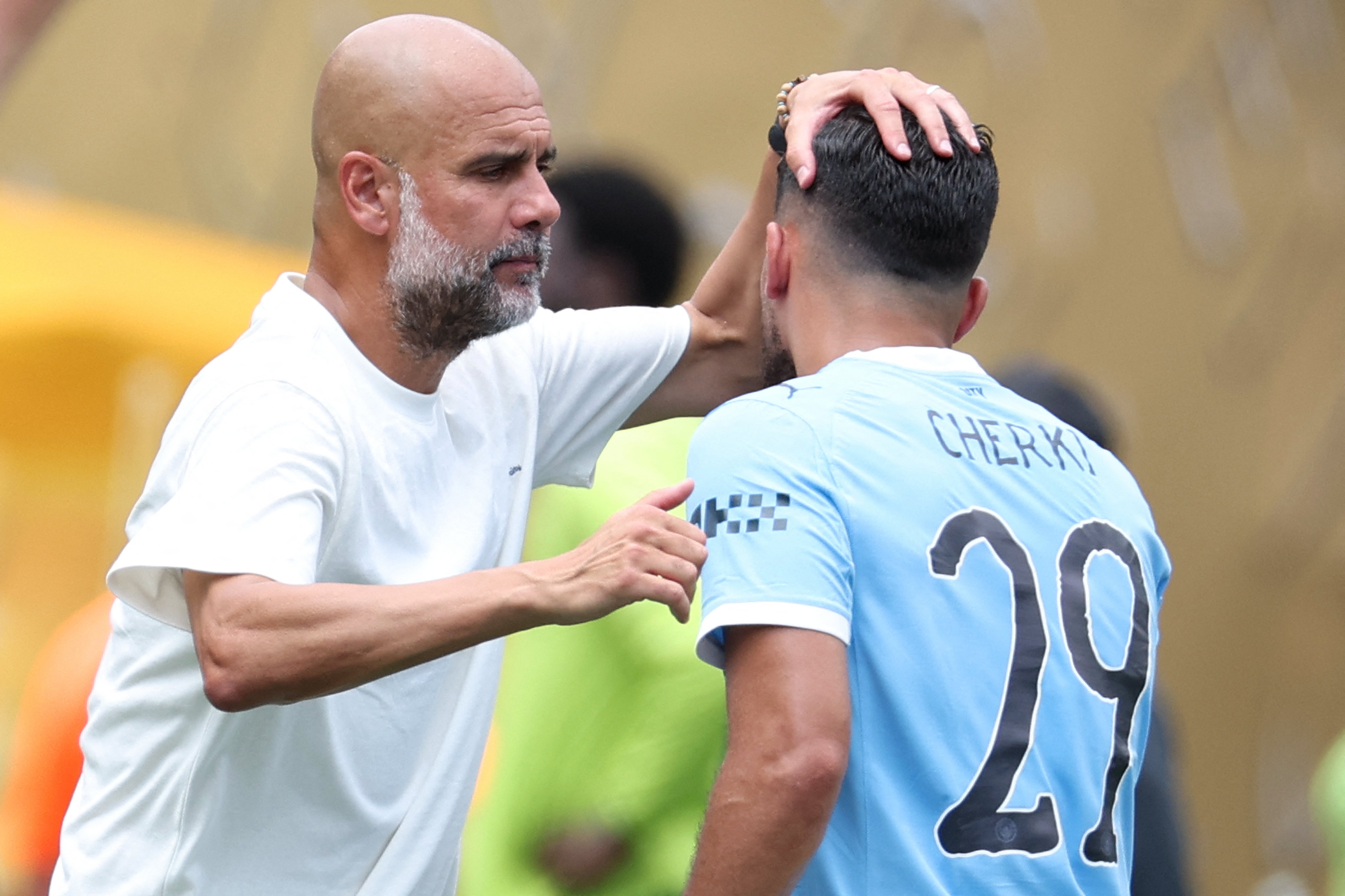 Rayan Cherki was congratulated by City boss Pep Guardiola when he left the pitch