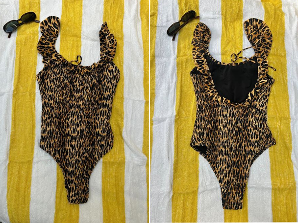 Best swimsuit IndyBest review Damson Madder Cheyenne shirred ruffle swimsuit, leopard