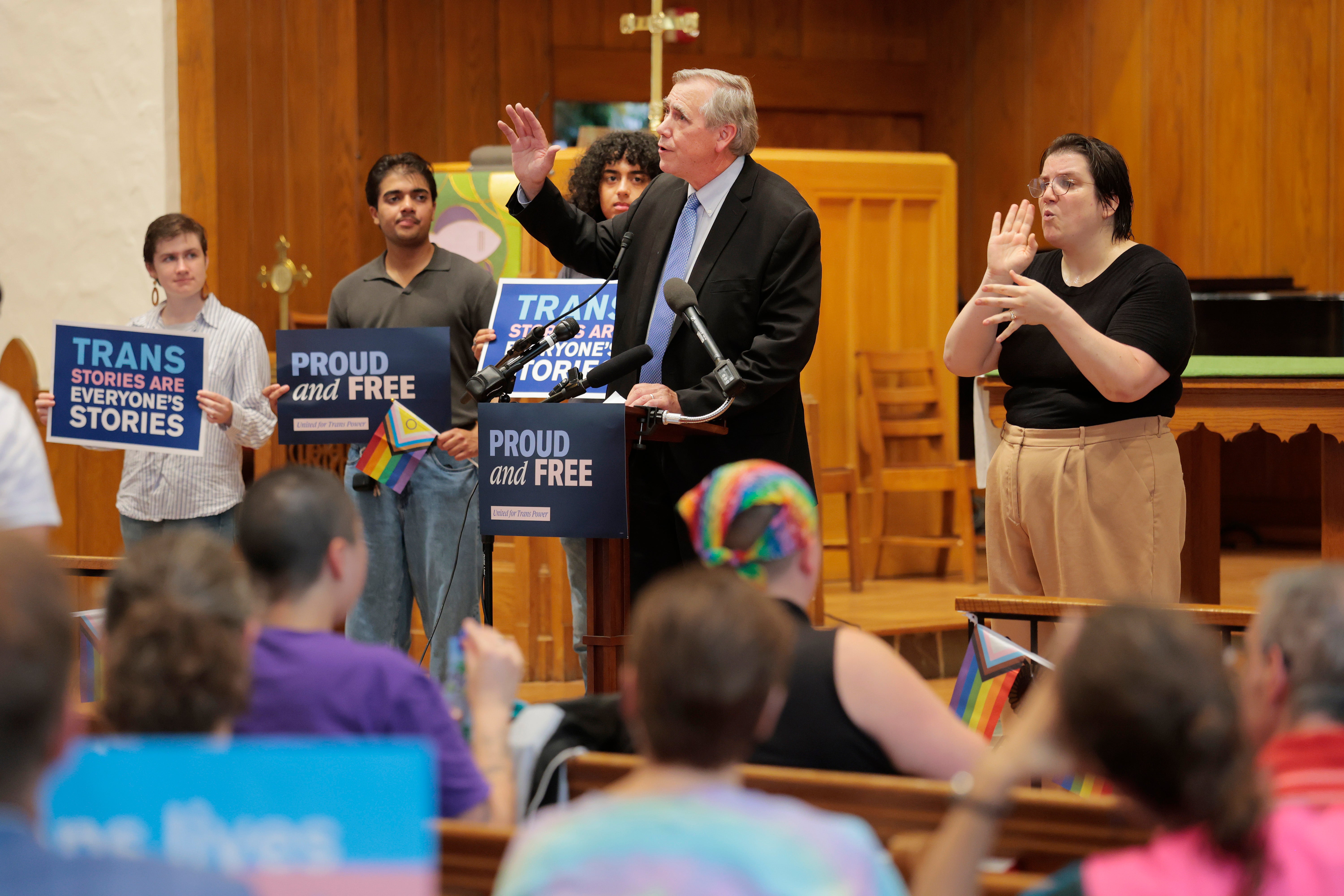Sen. Jeff Merkley of Oregon, pictured speaking at a rally for transgender youth at the Lutheran Church of Reformation on June 18 in DC, said he might challenge the transgender ban in Trump’s ‘Big, Beautiful Bill.’