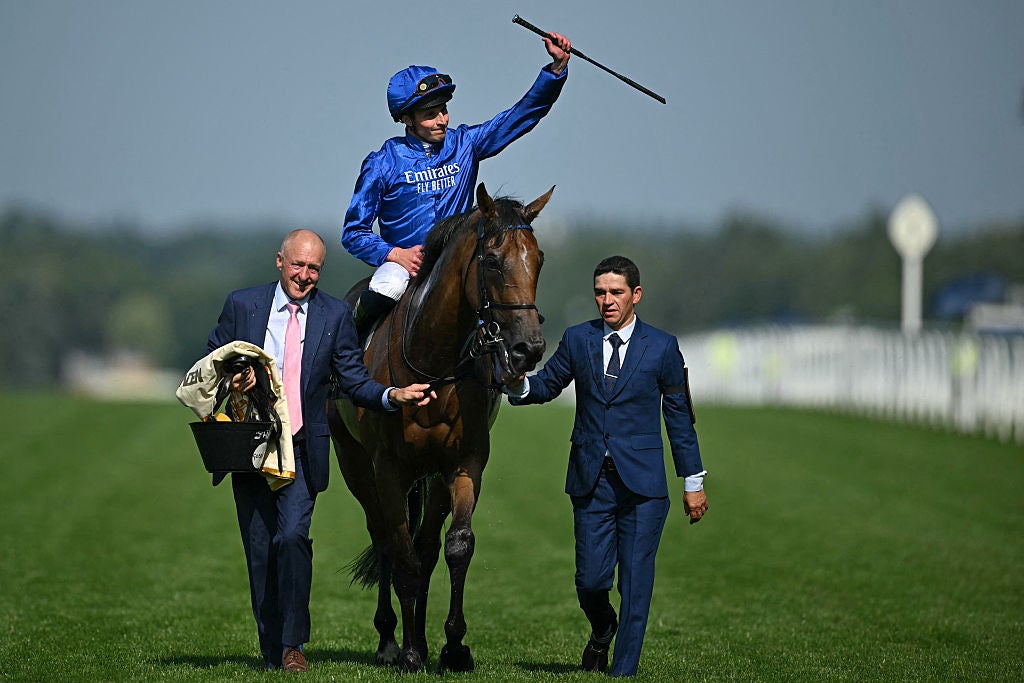 <p>Jockey William Buick reacts after riding Trawlerman to victory in the Ascot Gold Cup on Ladies Day, the third day of the Royal Ascot horse racing meeting in Ascot, west of London, on June 19, 2025</p>
