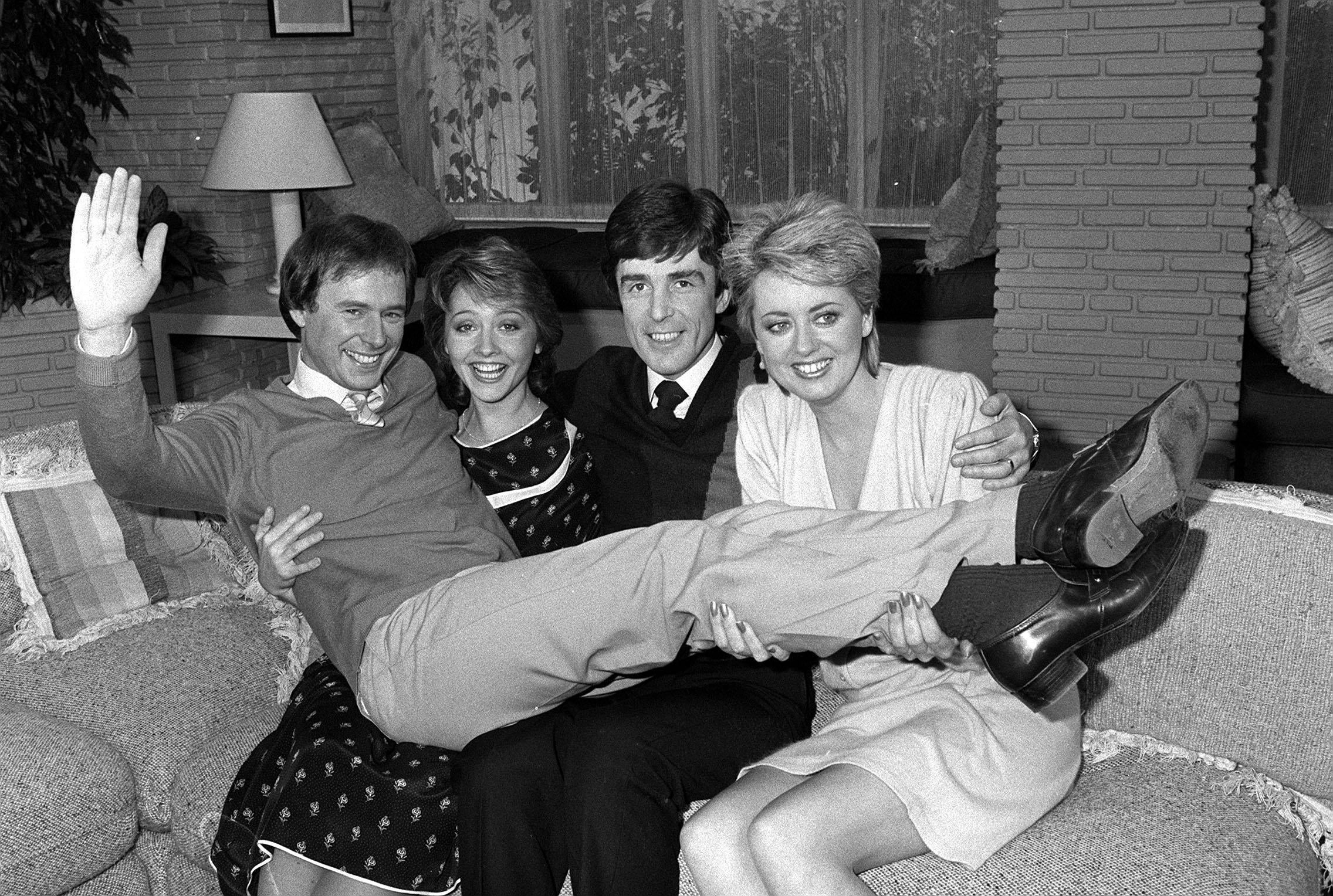 TV-AM presenters (L-R) Nick Owen, Anne Diamond, John Stapleton and Wincey Willis in the breakfast TV show’s studio in London, where they celebrated the show’s first anniversary