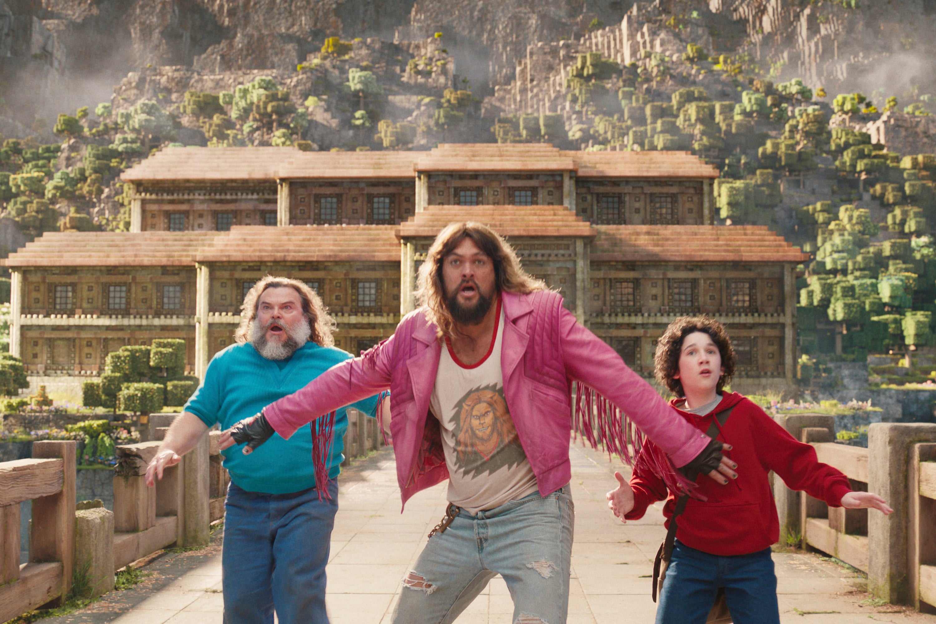 (L-R) Jack Black, Jason Mamoa, and Sebastian Eugene Hansen in ‘A Minecraft Movie’