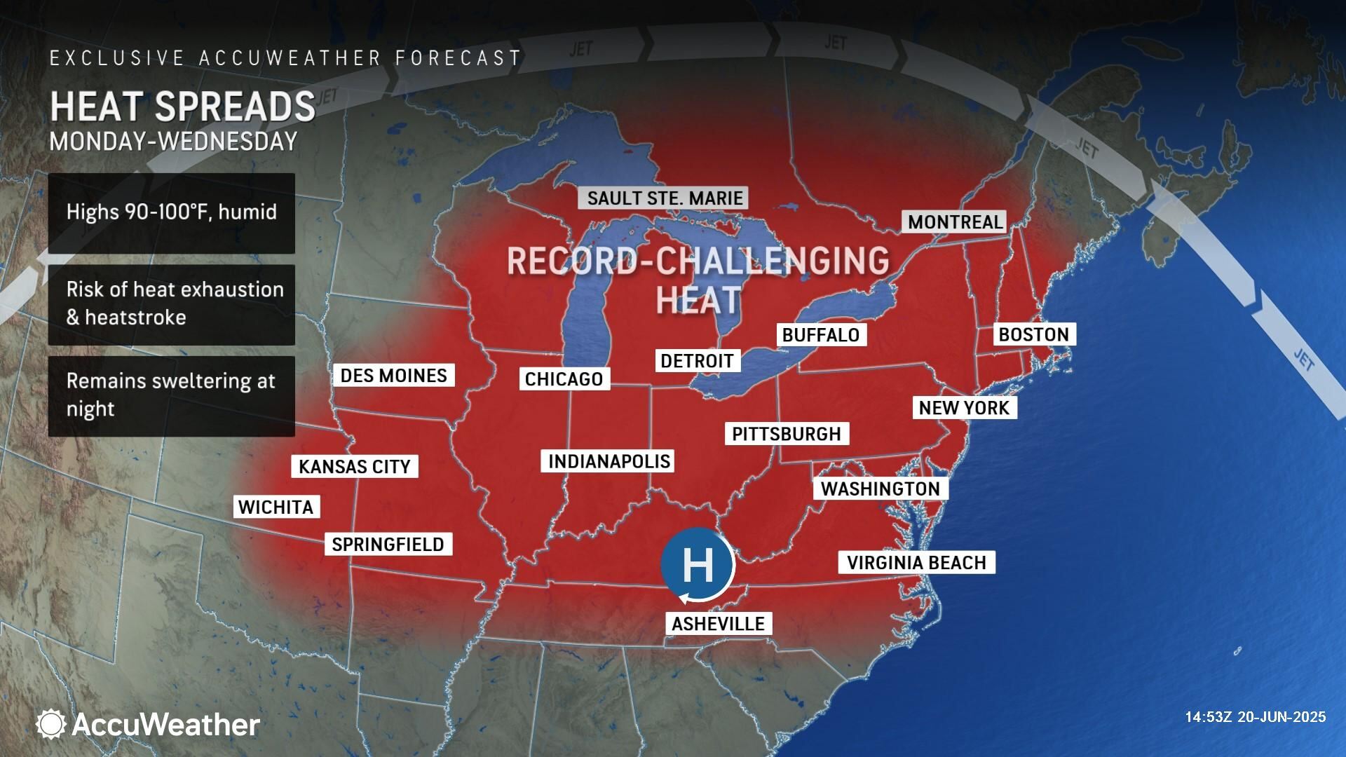 A map shows heat across the U.S. next week. It will hit major cities in the Midwest, Southeast, and along the East Coast