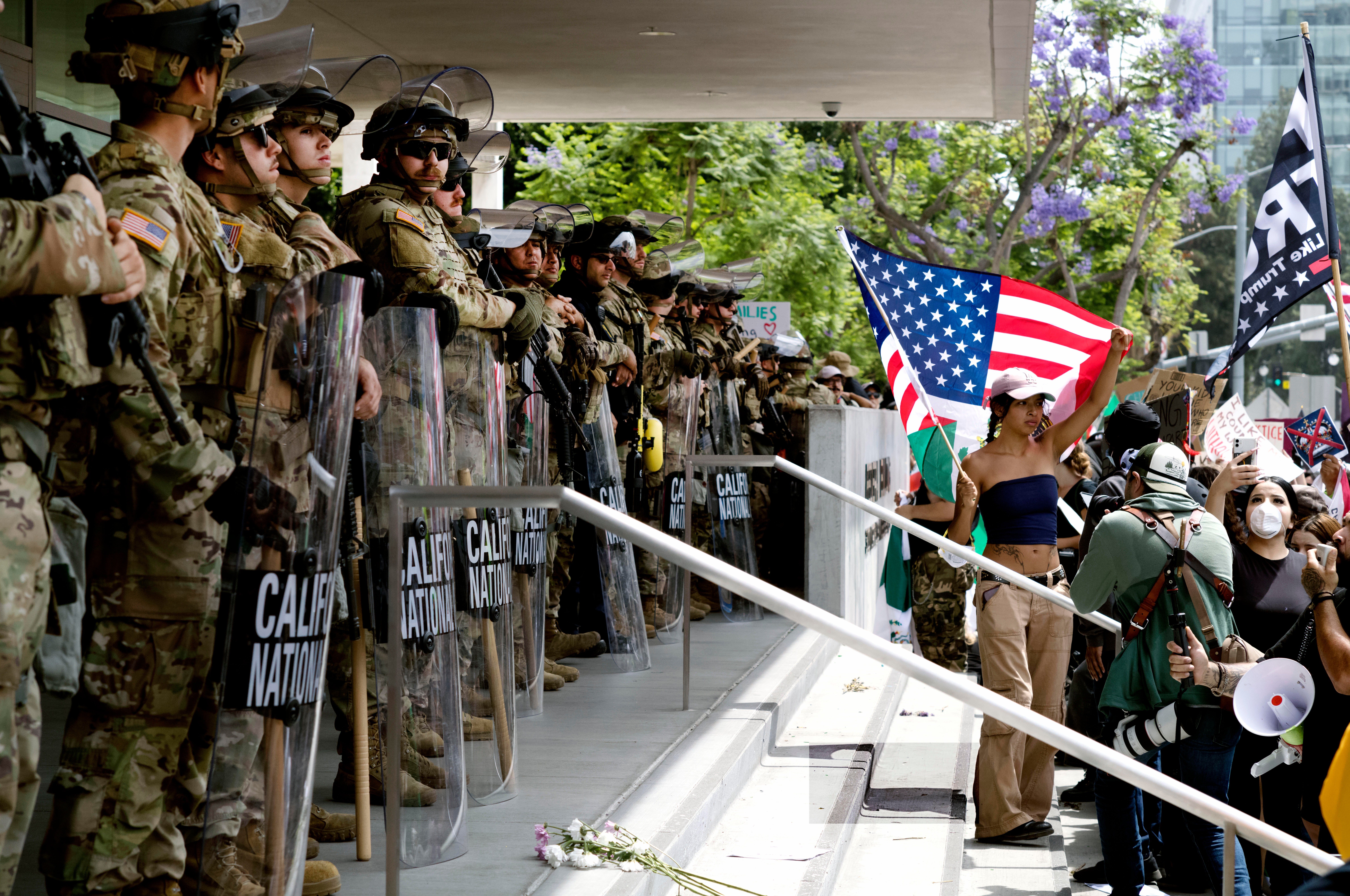 Protesters stand off against California National Guard soldiers at the Federal Building in downtown Los Angeles during a ‘No Kings’ protest on June 14