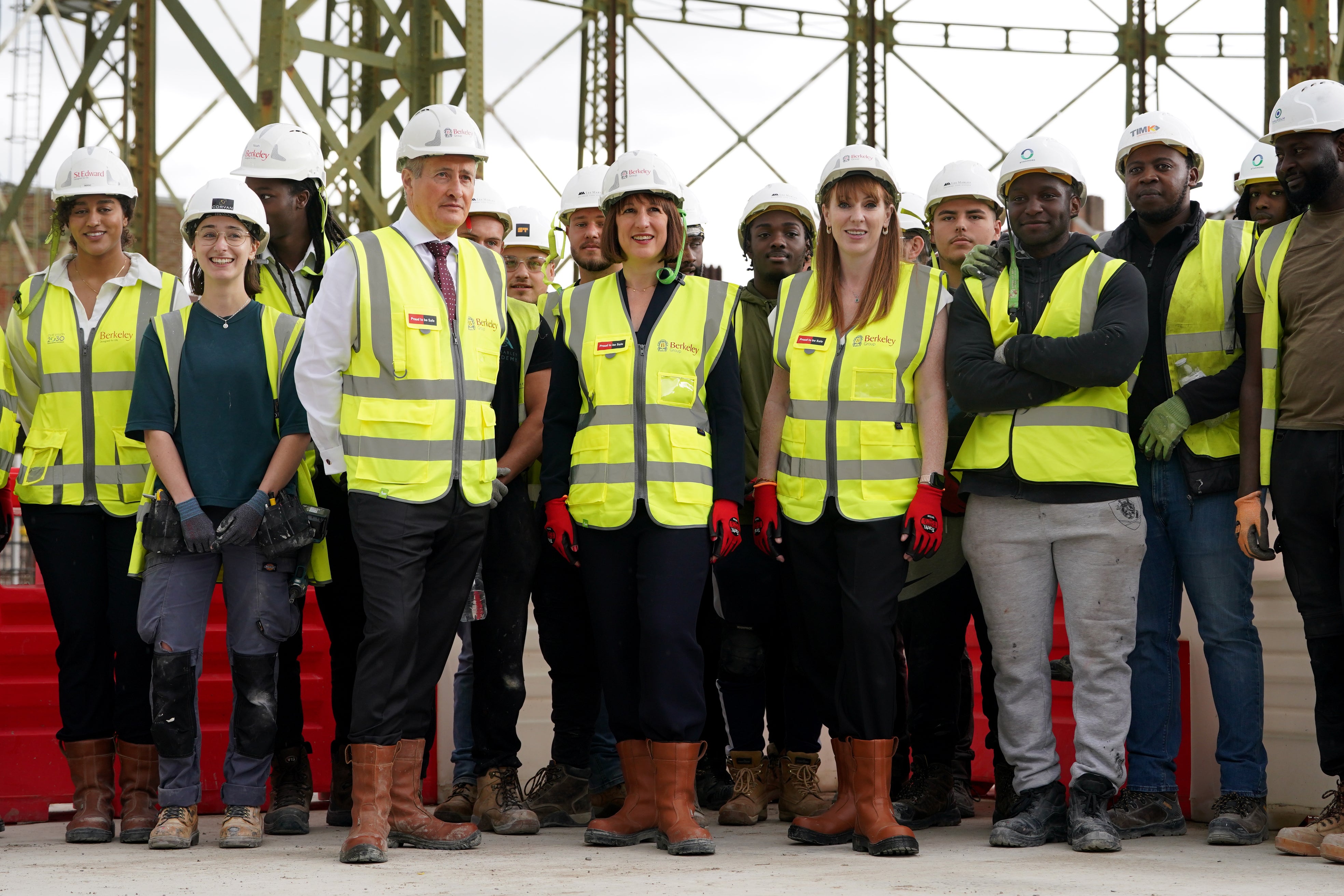 Chancellor Rachel Reeves and deputy prime minister Angela Rayner with Rob Perrins, new chair of Berkeley Group, during their visit to the Oval Village project in London