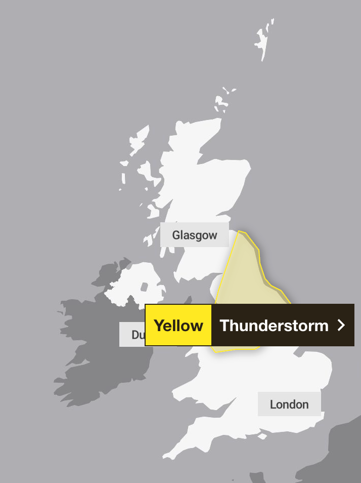 A yellow thunderstorm weather warning covering all of northern England, from Nottingham up to above Newcastle, will come into force from 5pm and last until 3am on Sunday