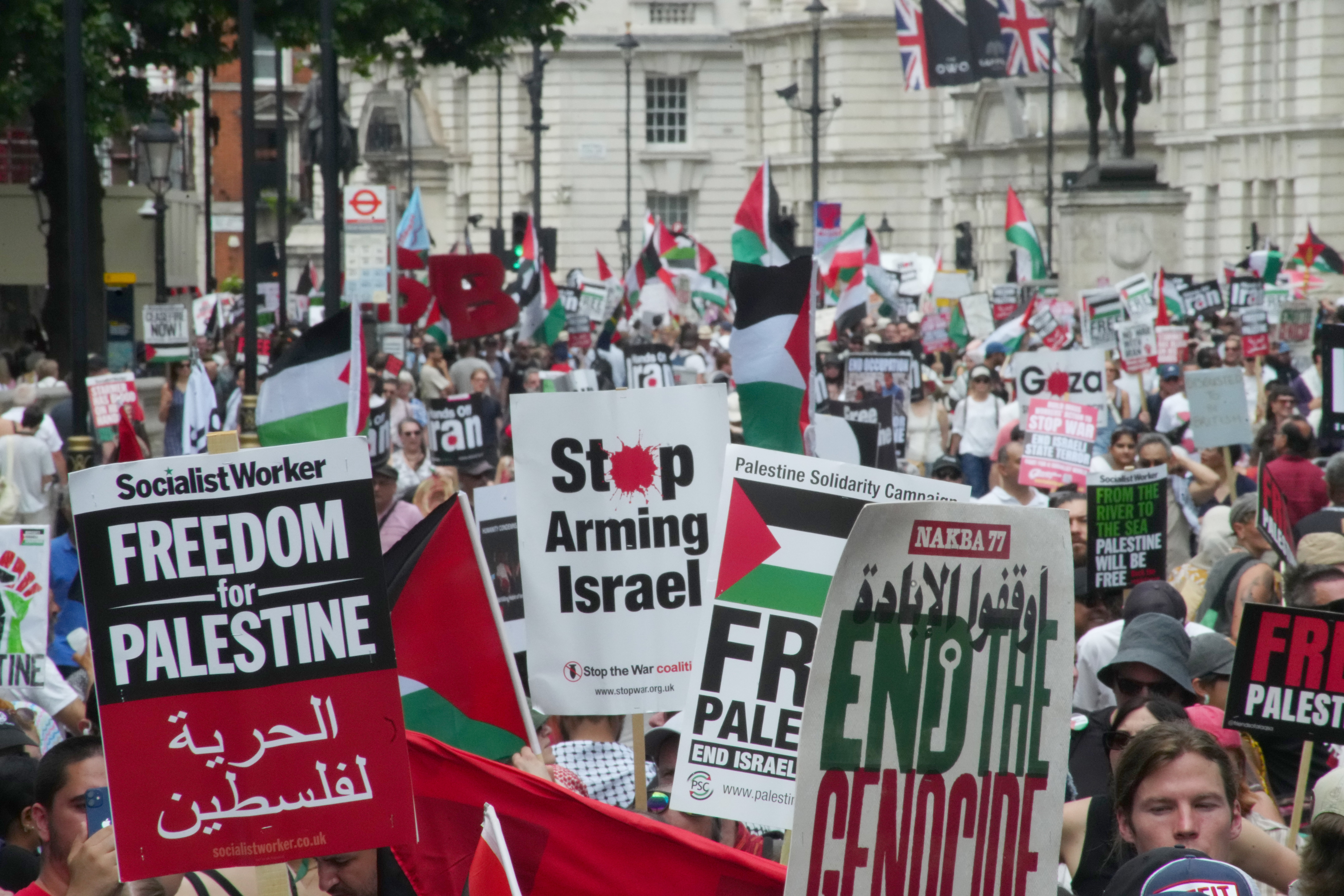 Protesters waved Palestinian flags and chanted ‘free, free Palestine’, ‘occupation no more, Israel is a terrorist state’ and ‘stop bombing Iran’ on Saturday
