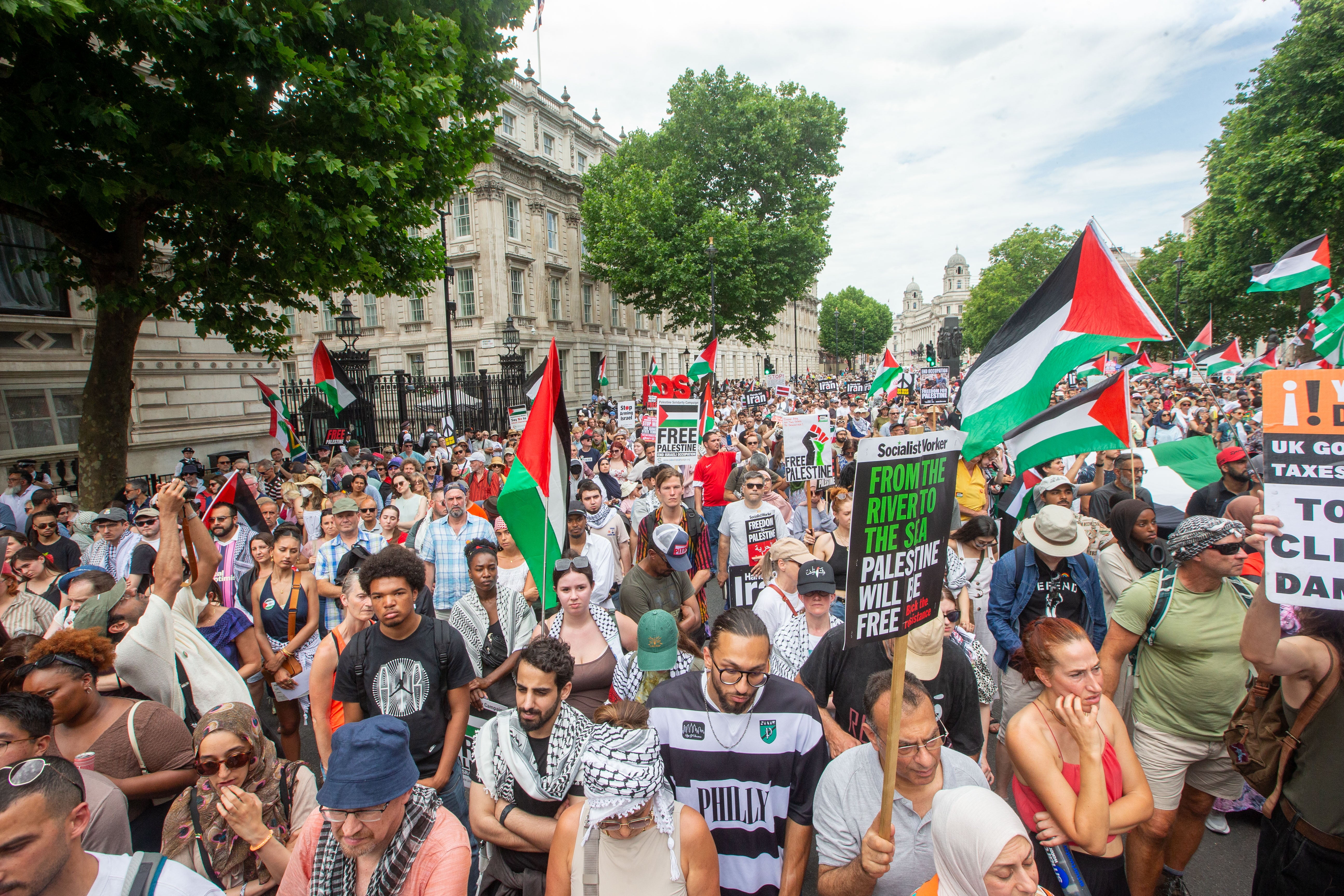 Many chanted ‘shame on you’ as they walked past dozens of counter-protesters, organised by pro-Israeli group Stop The Hate, near Waterloo Bridge