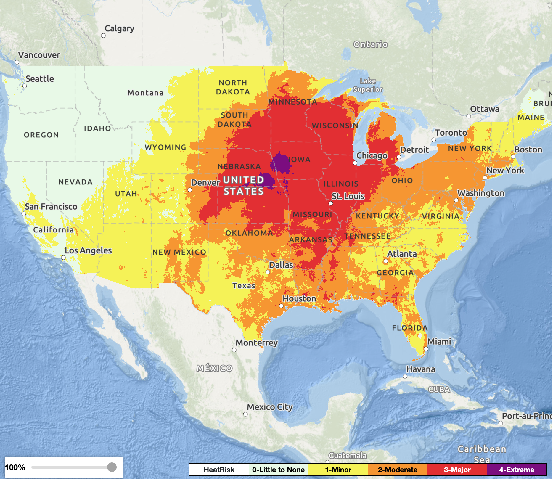 A NOAA Weather Prediction Center map showing heat risk areas across the U.S. as of June 21, 2025. The extreme heat is expected to blow east and continue to bake the eastern U.S. for another seven days