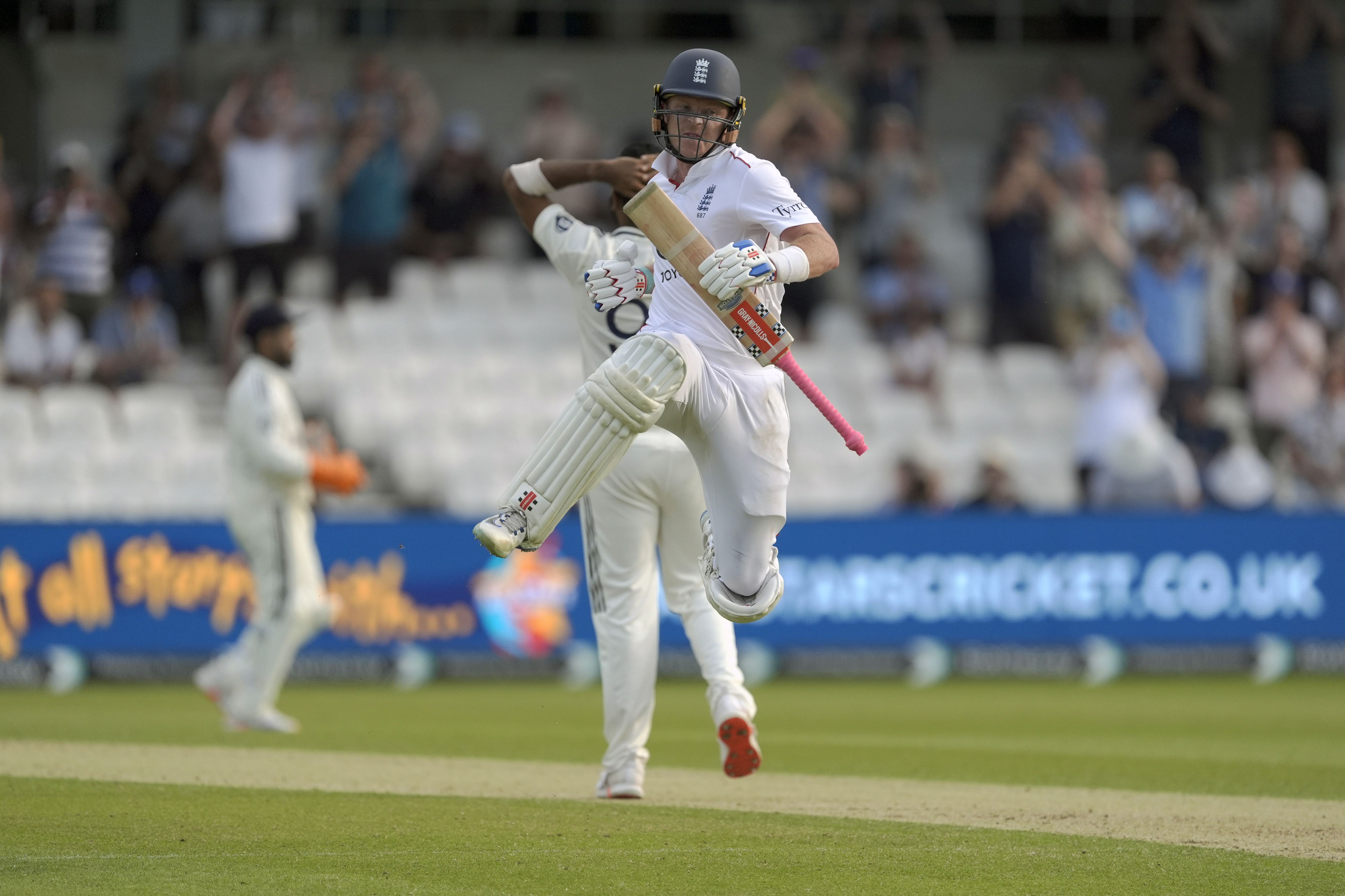 Ollie Pope jumps for joy after reaching his ton