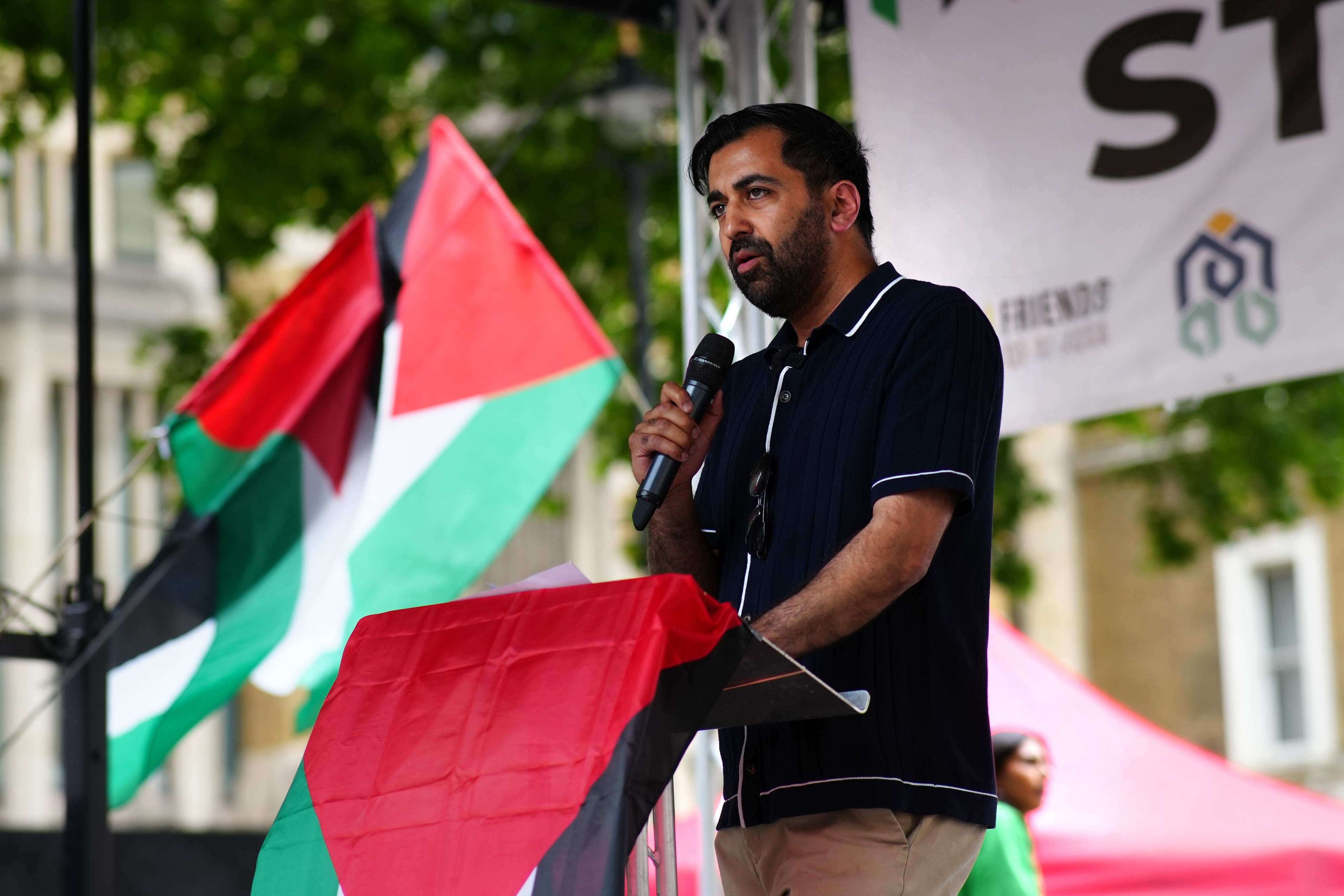 Former first minister of Scotland Humza Yousaf speaking after a march organised by the Palestine Solidarity Campaign in London (Jeff Moore/PA)