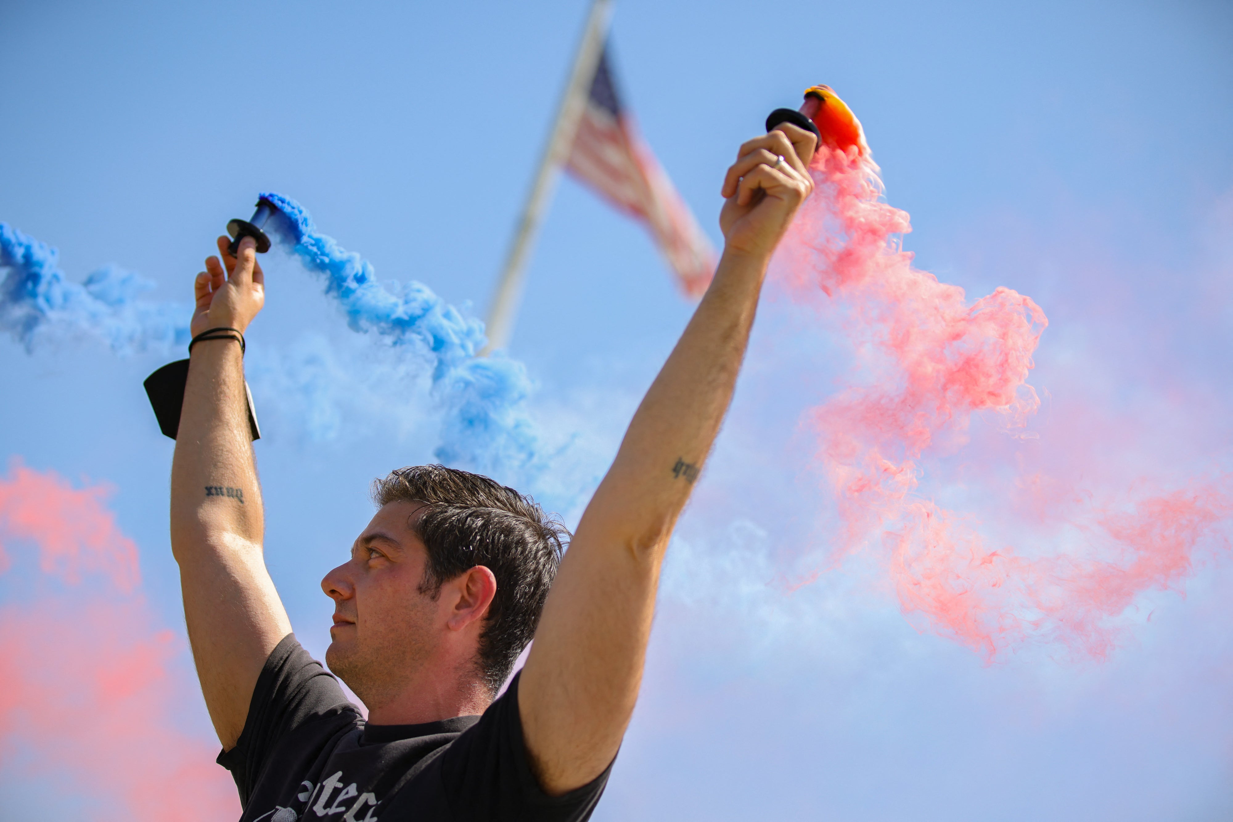 A trans rights supporter protests outside the Supreme Court on June 20, 2025, in the wake of the Skrmetti decision