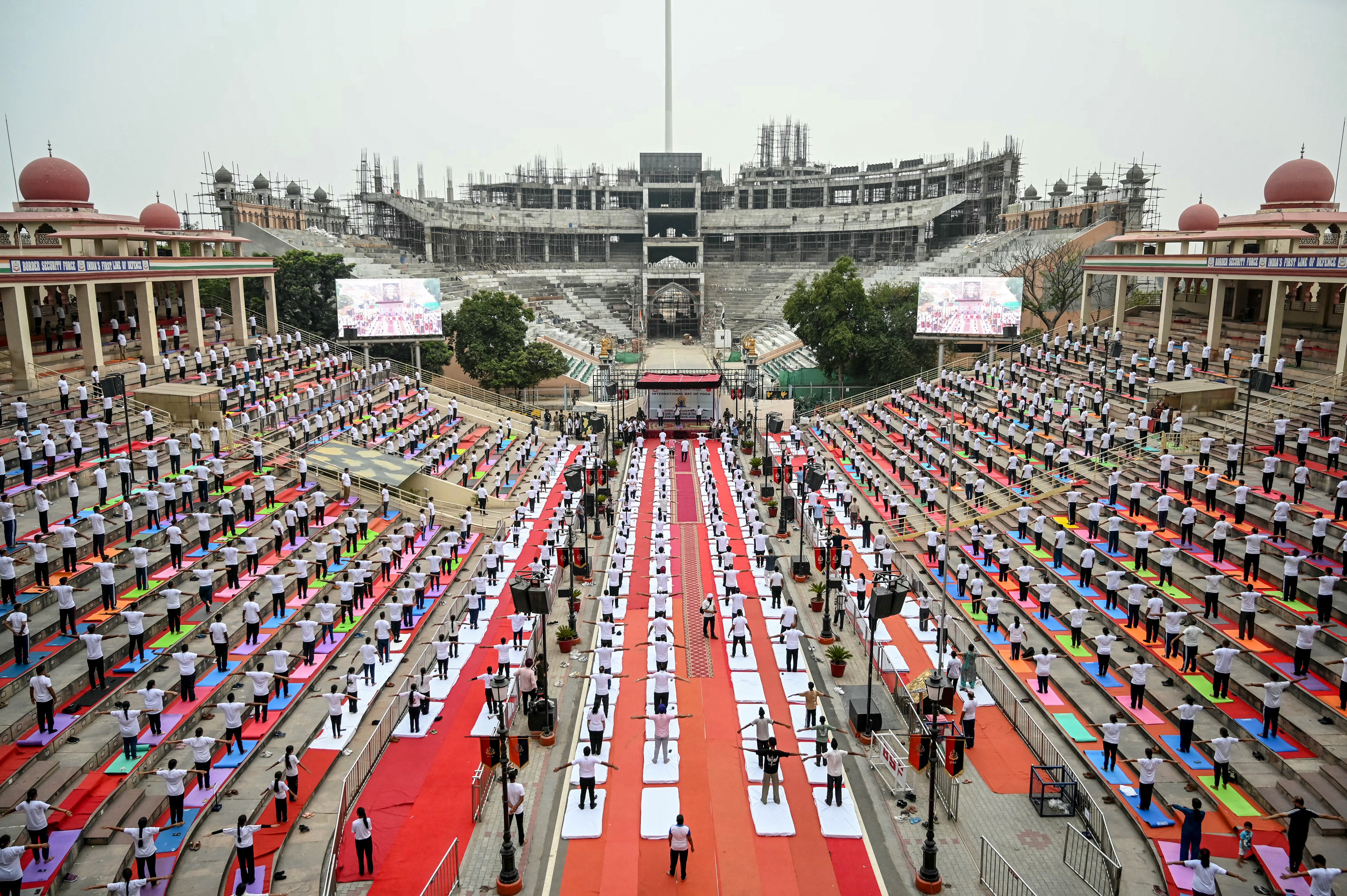 Border Security Force personnel on the International Day of Yoga, at the India-Pakistan border post at Wagah