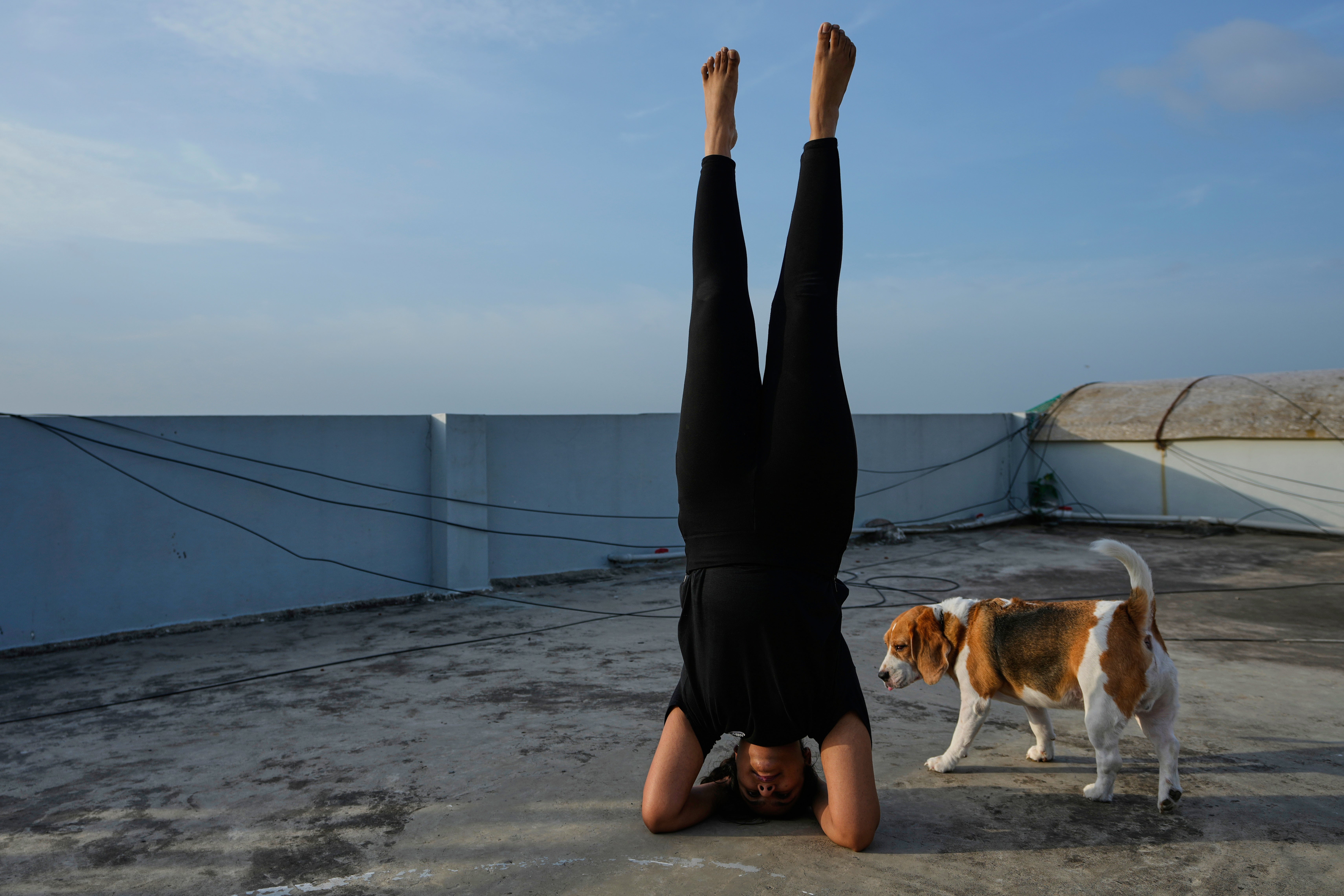A girl performs yoga on the roof of an apartment on International Day of Yoga in Hyderabad
