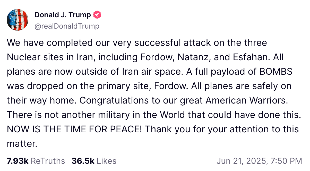 President Donald Trump announced via Truth Social that the U.S. attacked three nuclear sites in Iran