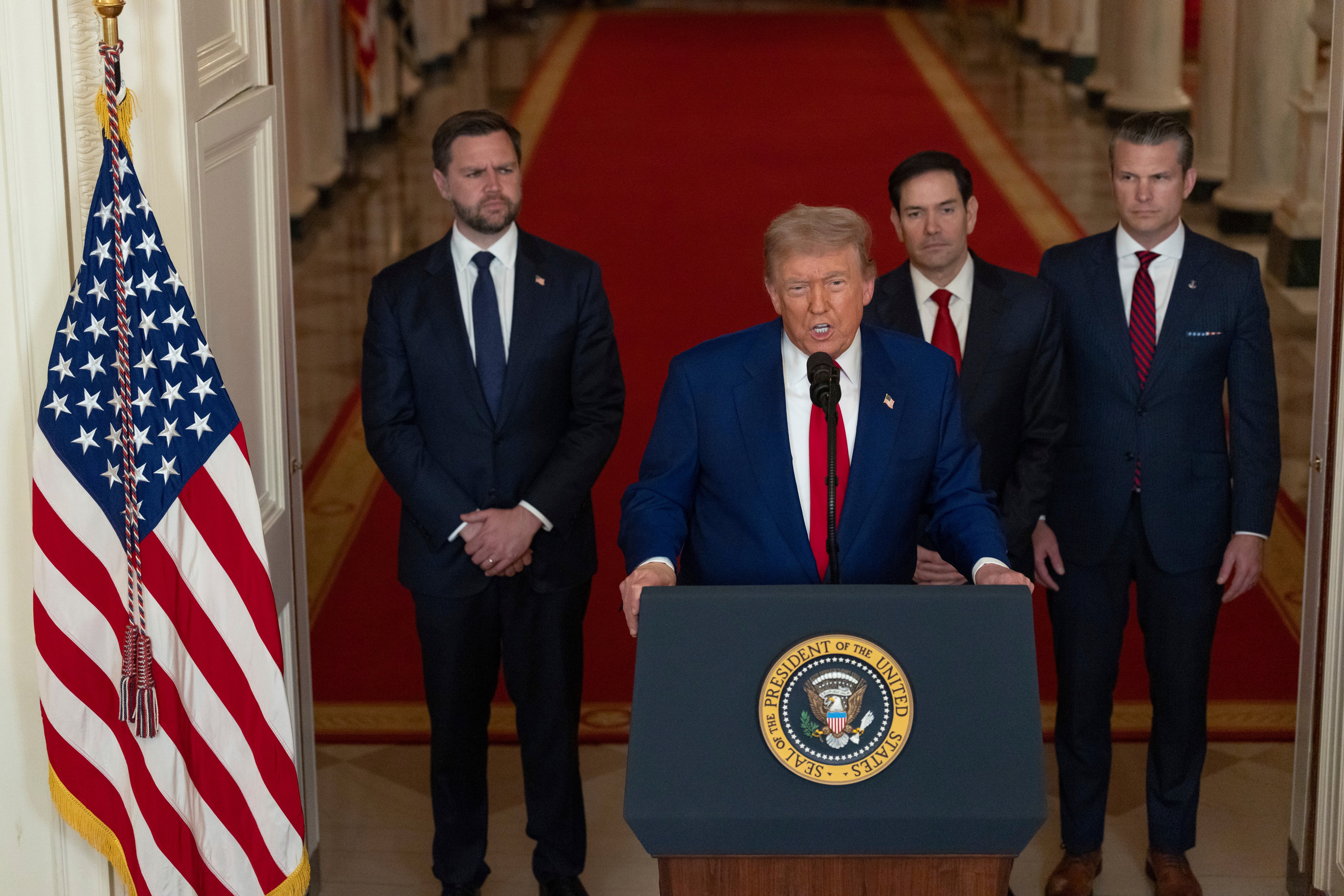 President Donald Trump speaks from the East Room of the White House