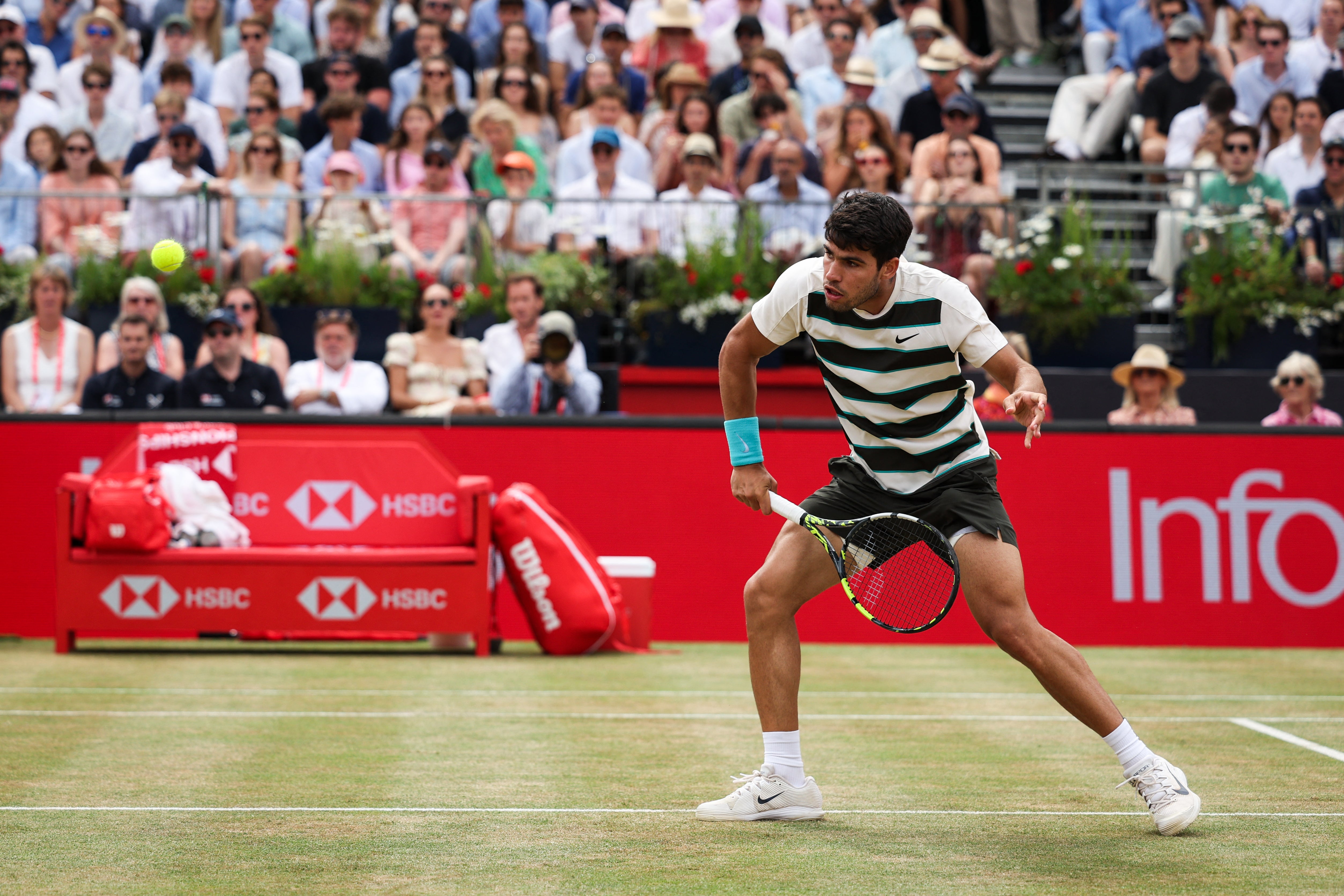 Carlos Alcaraz plays a drop shot during the second set in the final