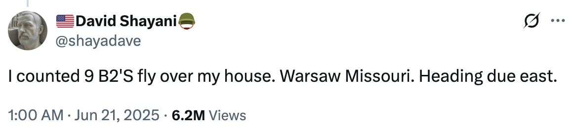 A social media user spotted the Operation Midnight Hammer mission leaving the Missouri base