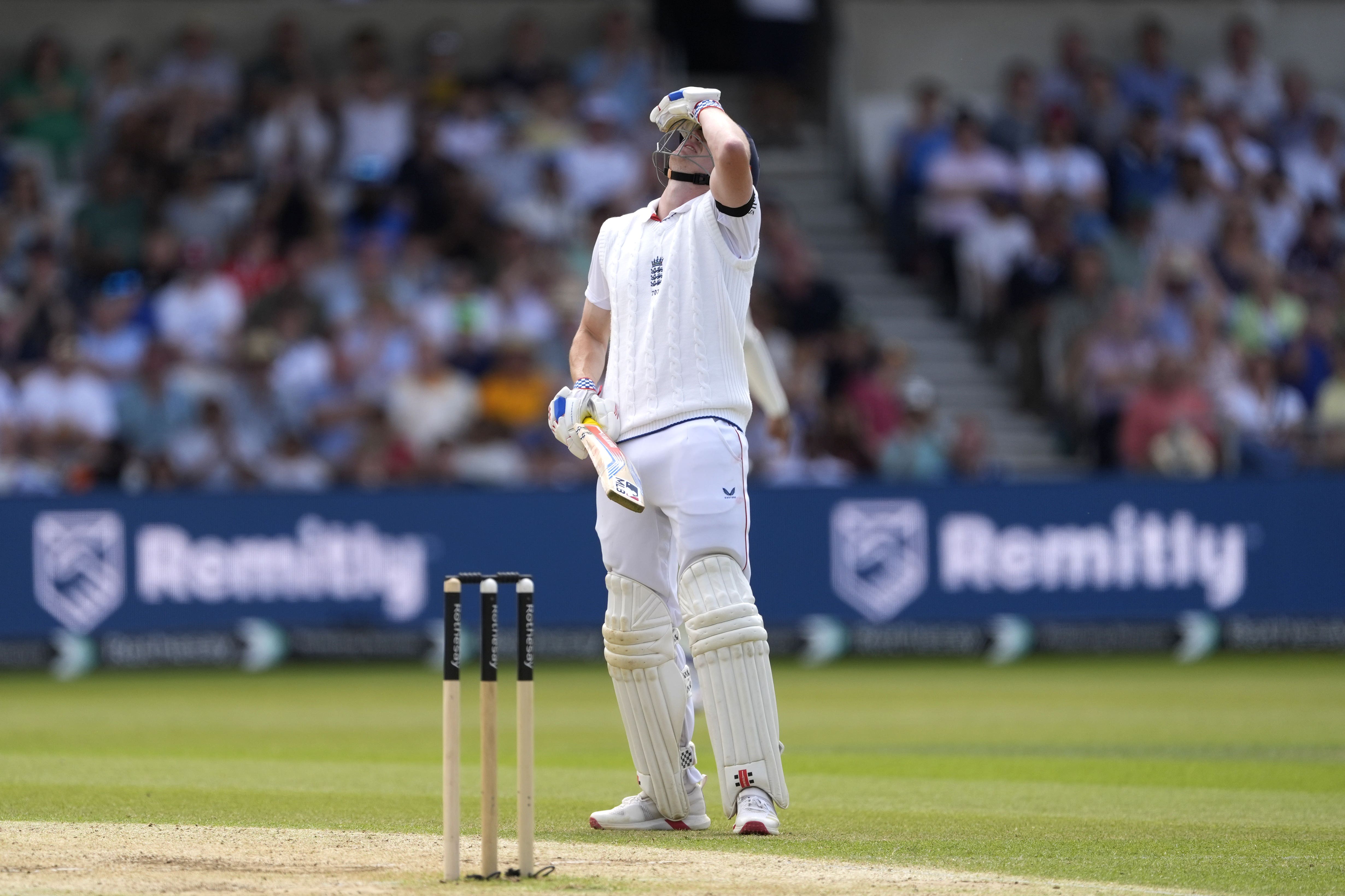 Harry Brook reacts after being caught for 99 (Danny Lawson/PA)