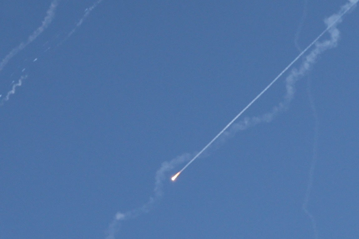 Israel's anti-missile defense tries to intercept a Ballistic missile seen above Jerusalem