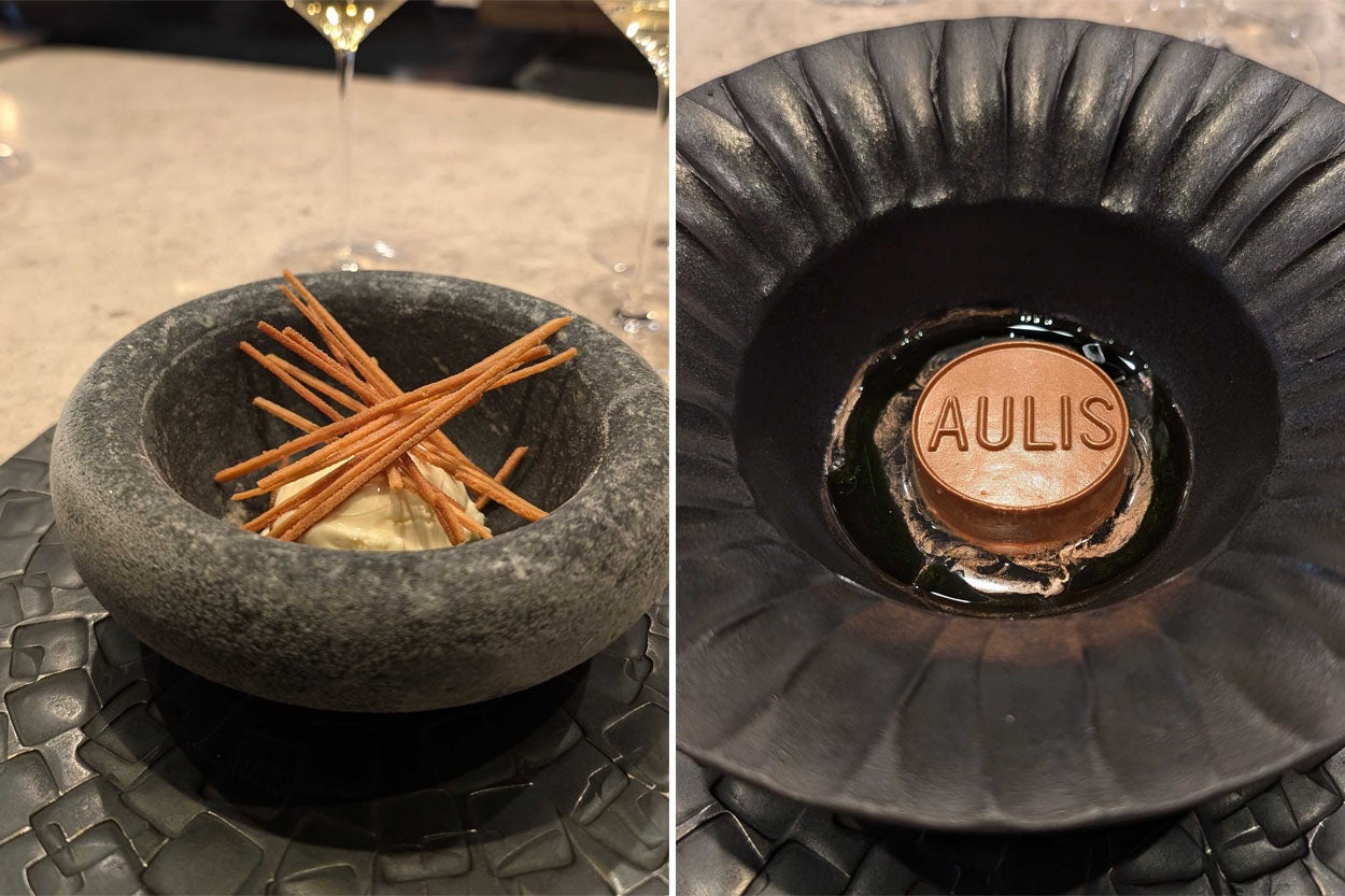 Dessert at Aulis: the Tunworth cheese that haunts you in a good way and a mousse that literally stamps the message home